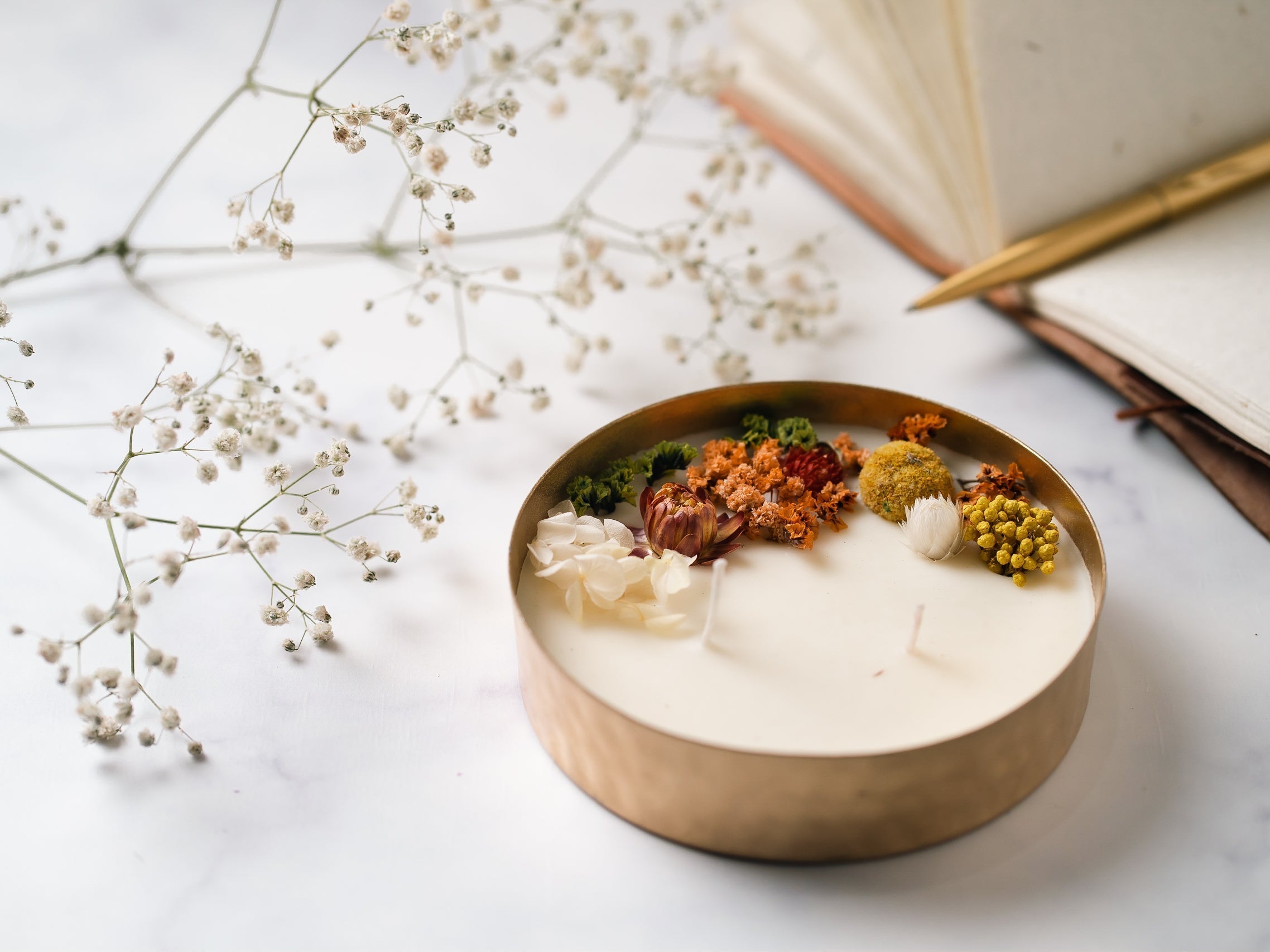 Hammered 5" Copper Finish Urli |  Scented Soy Wax Candle | With Natural Flowers