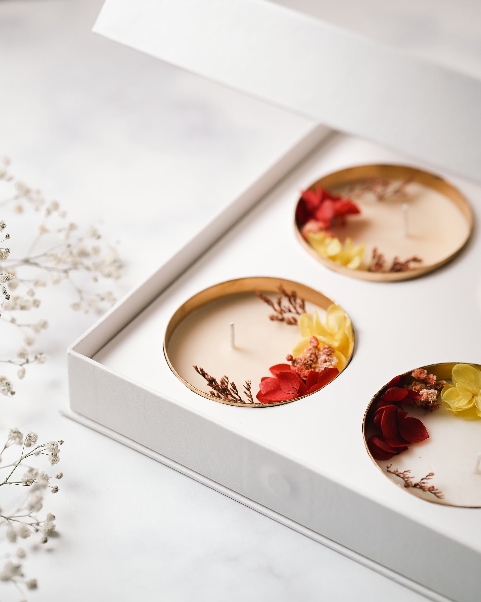 Plain 3" Copper Finish Urli Set of 4 | Scented Soy Wax Candle | With Natural Flowers | With Box
