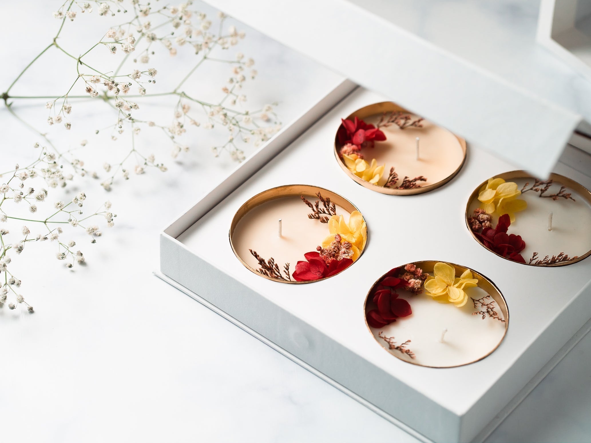 Plain 3" Copper Finish Urli Set of 4 | Scented Soy Wax Candle | With Natural Flowers | With Box