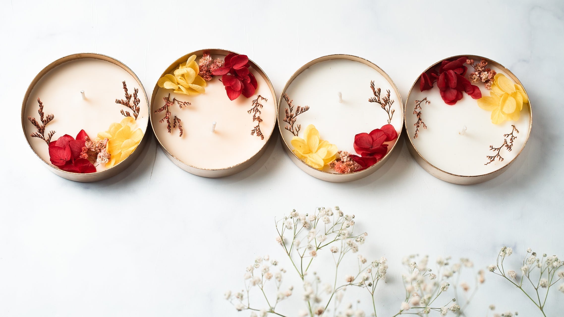 Plain 3" Copper Finish Urli Set of 4 | Scented Soy Wax Candle | With Natural Flowers | With Box