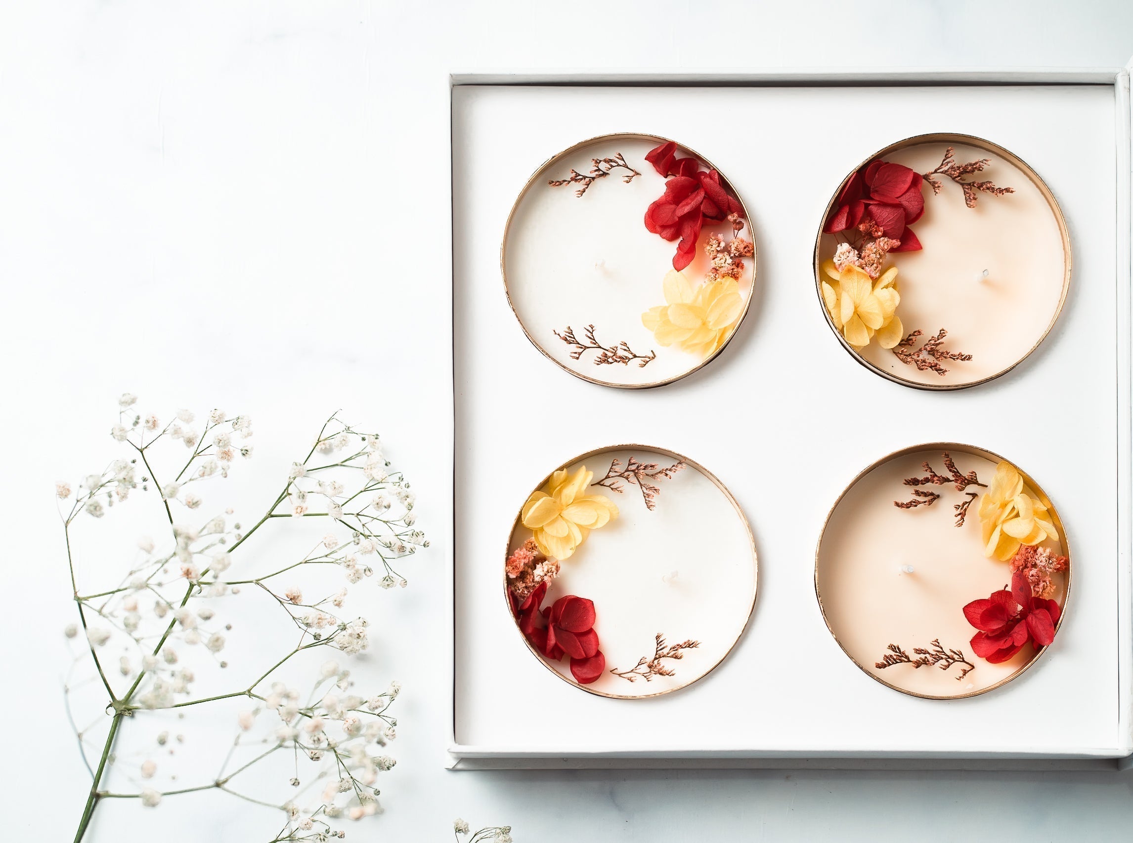 Plain 3" Copper Finish Urli Set of 4 | Scented Soy Wax Candle | With Natural Flowers | With Box