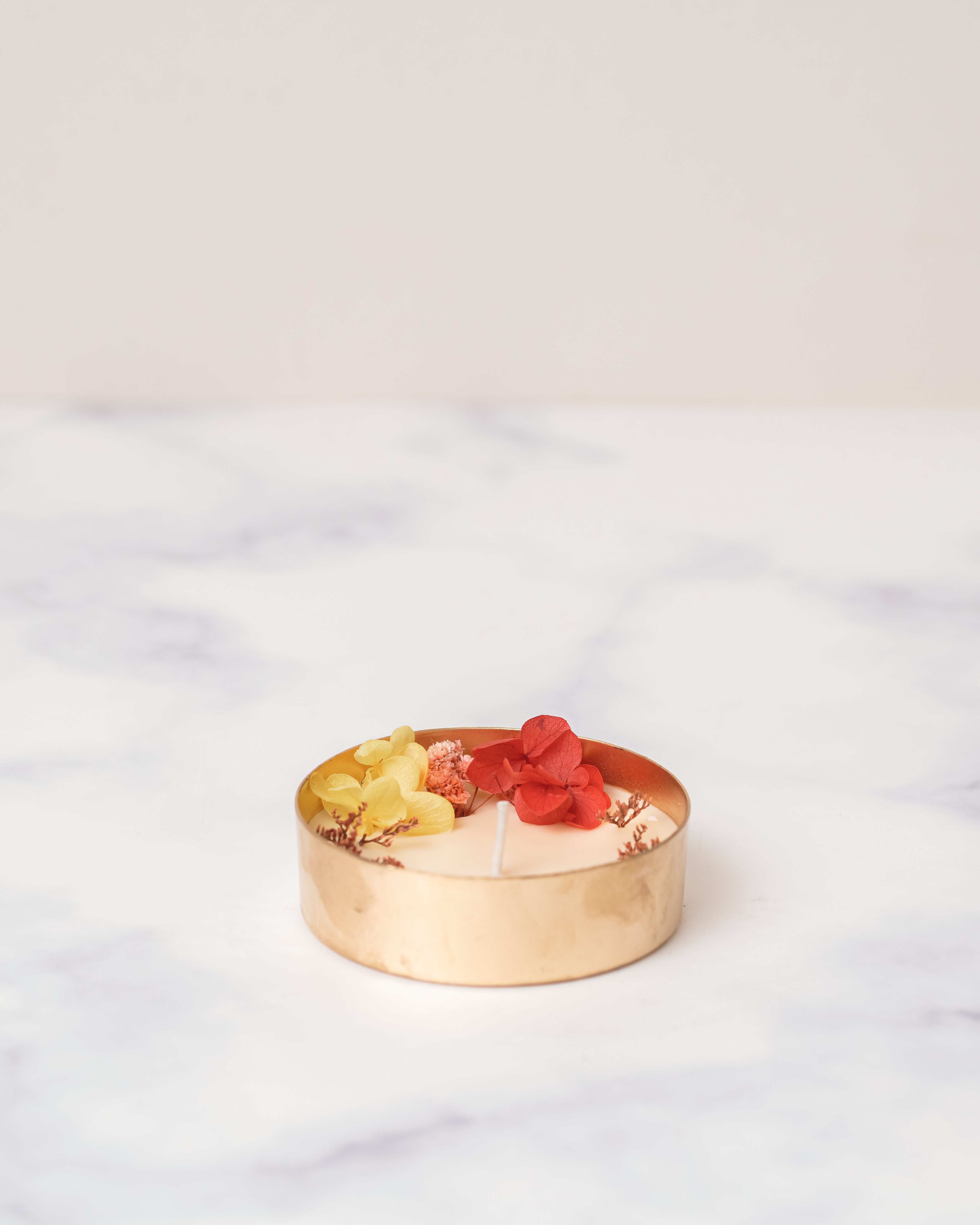 Plain 3" Copper Finish Urli Set of 4 | Scented Soy Wax Candle | With Natural Flowers | With Box