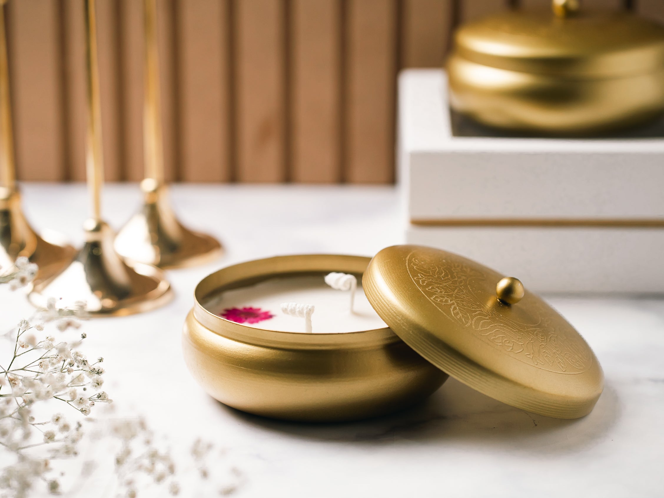 Golden Finish 4" Metal Urli With Lid | Scented Soy Wax Candle | With Natural Flowers