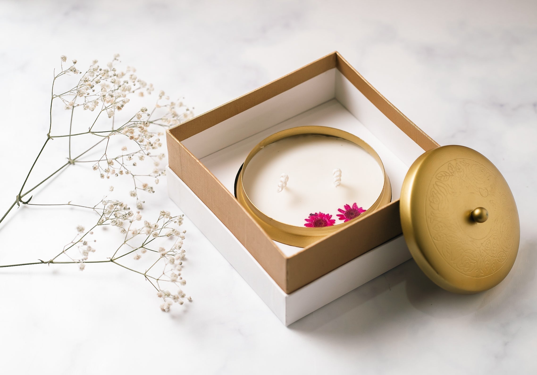 Golden Finish 4" Metal Urli With Lid | Scented Soy Wax Candle | With Natural Flowers