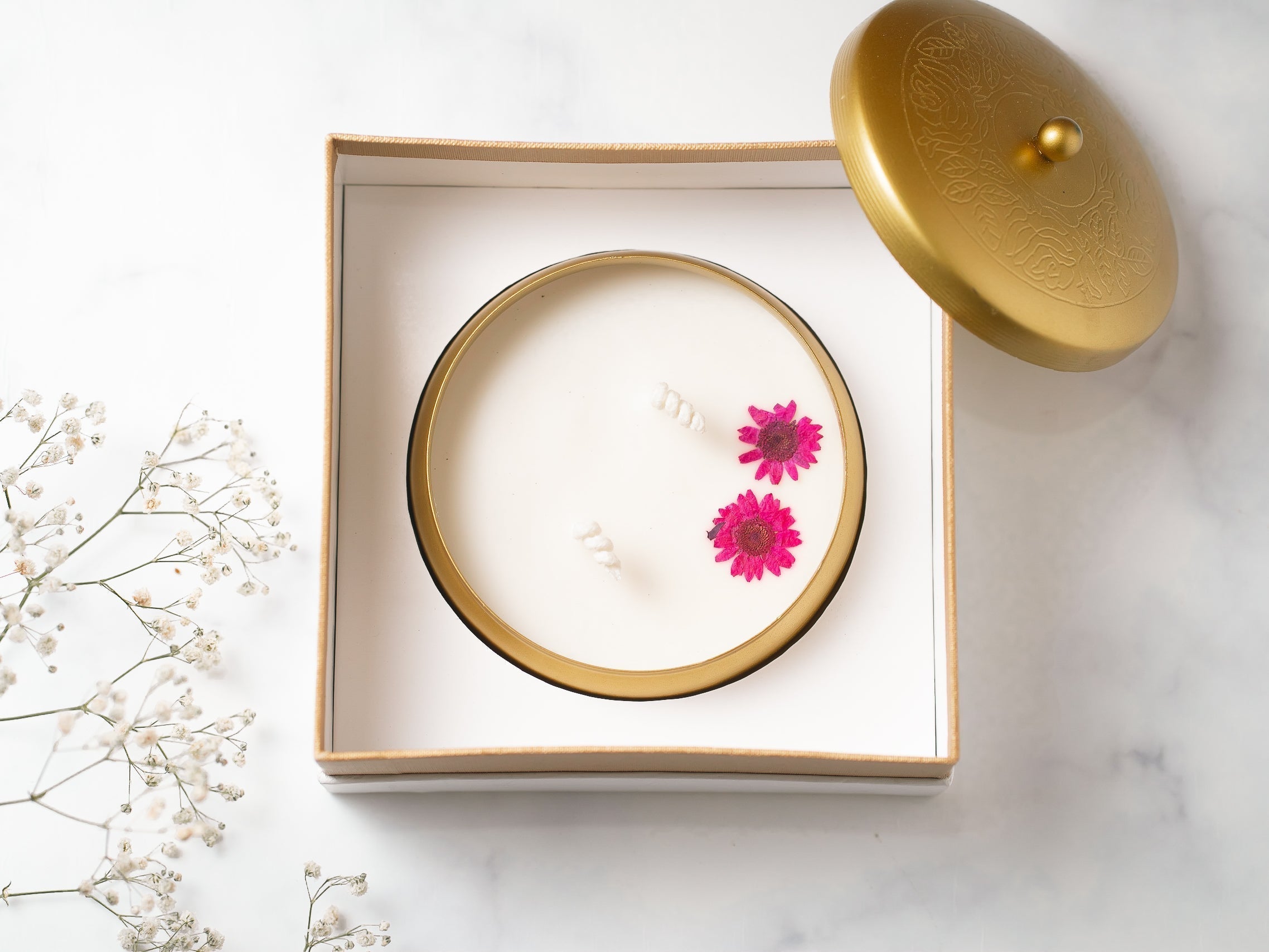 Golden Finish 4" Metal Urli With Lid | Scented Soy Wax Candle | With Natural Flowers