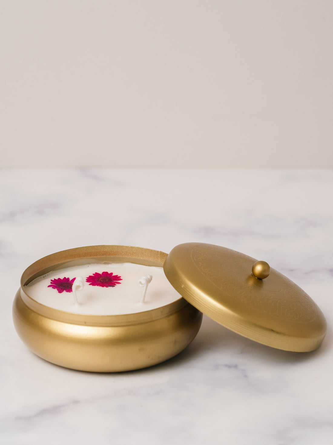 Golden Finish 4" Metal Urli With Lid | Scented Soy Wax Candle | With Natural Flowers
