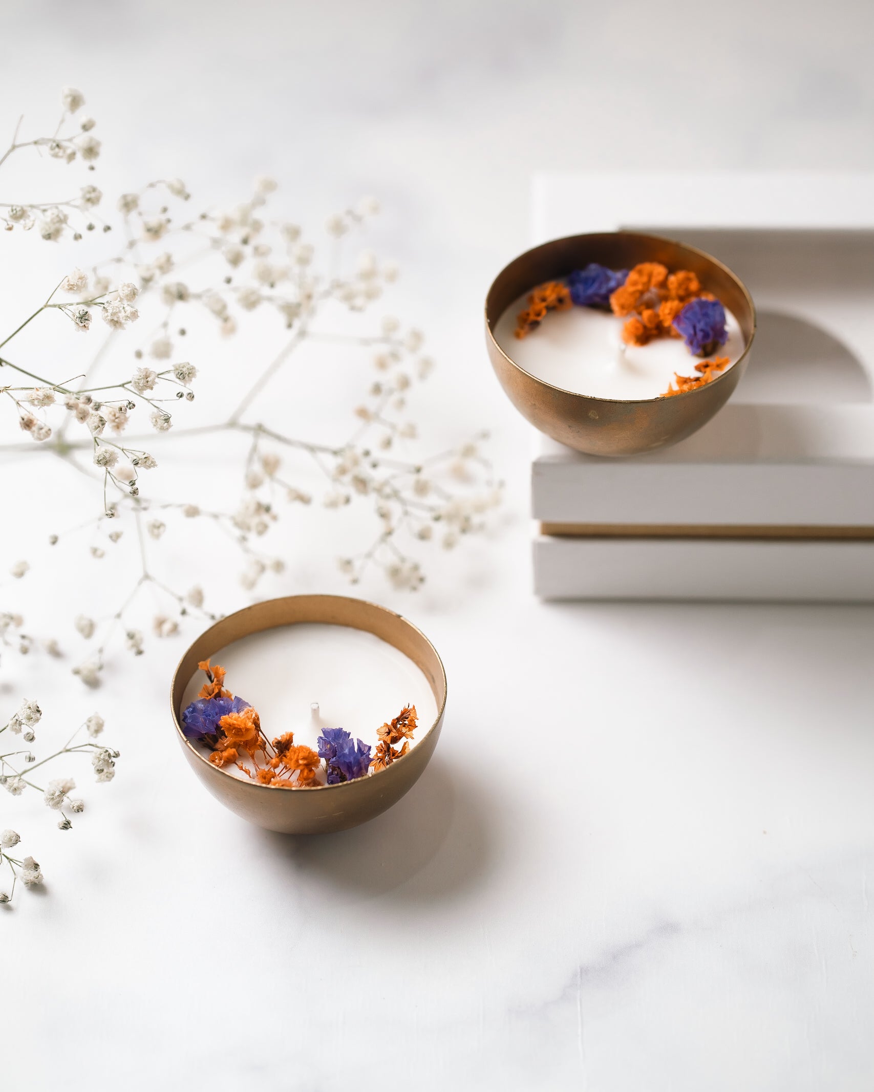 Plain 2.5" Copper Finish Votive Set Of 2 | Scented Soy Wax Candle | With Natural Flowers | With Box