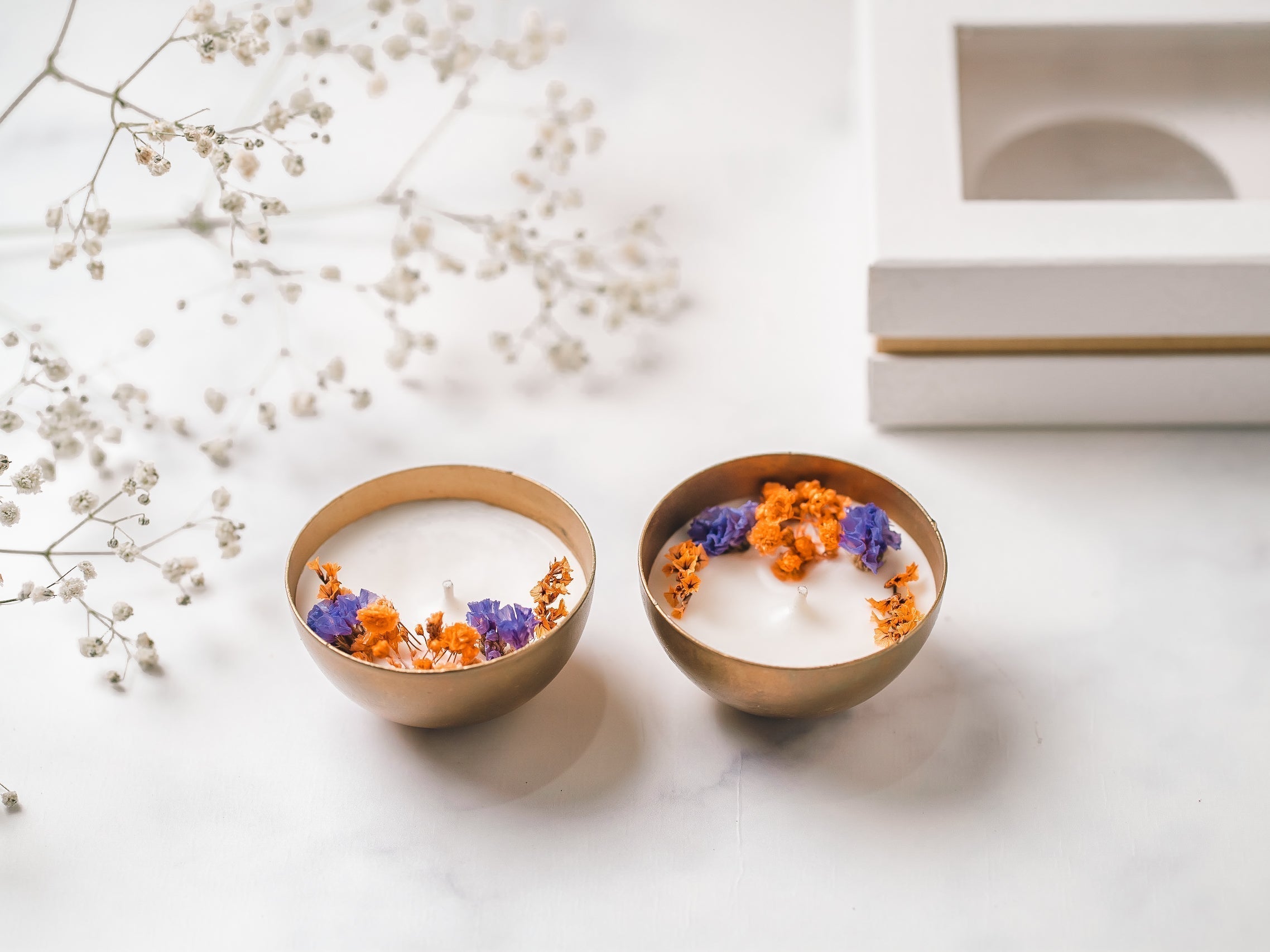 Plain 2.5" Copper Finish Votive Set Of 2 | Scented Soy Wax Candle | With Natural Flowers | With Box