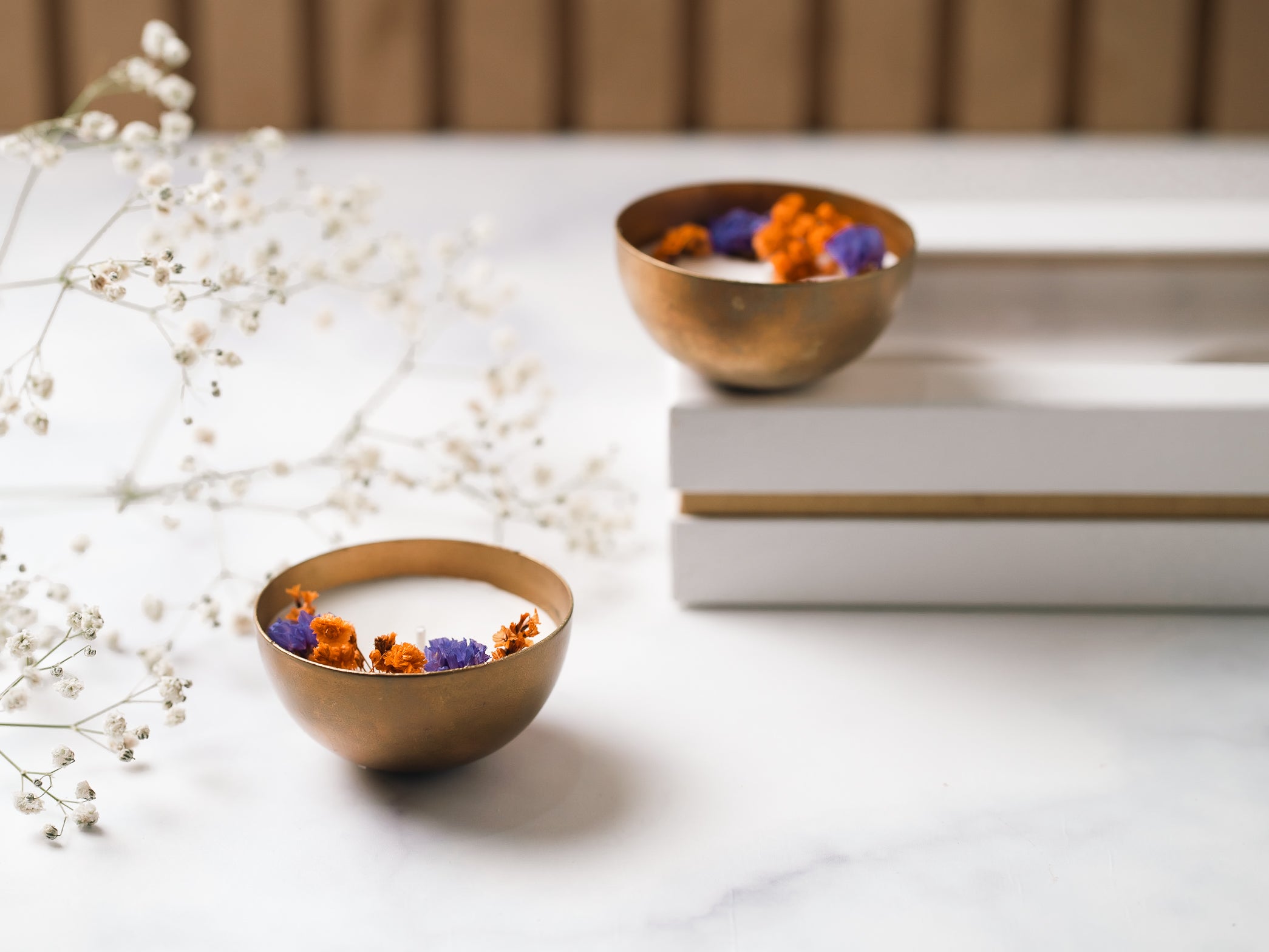 Plain 2.5" Copper Finish Votive Set Of 2 | Scented Soy Wax Candle | With Natural Flowers | With Box