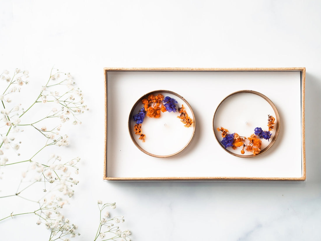 Plain 2.5" Copper Finish Votive Set Of 2 | Scented Soy Wax Candle | With Natural Flowers | With Box