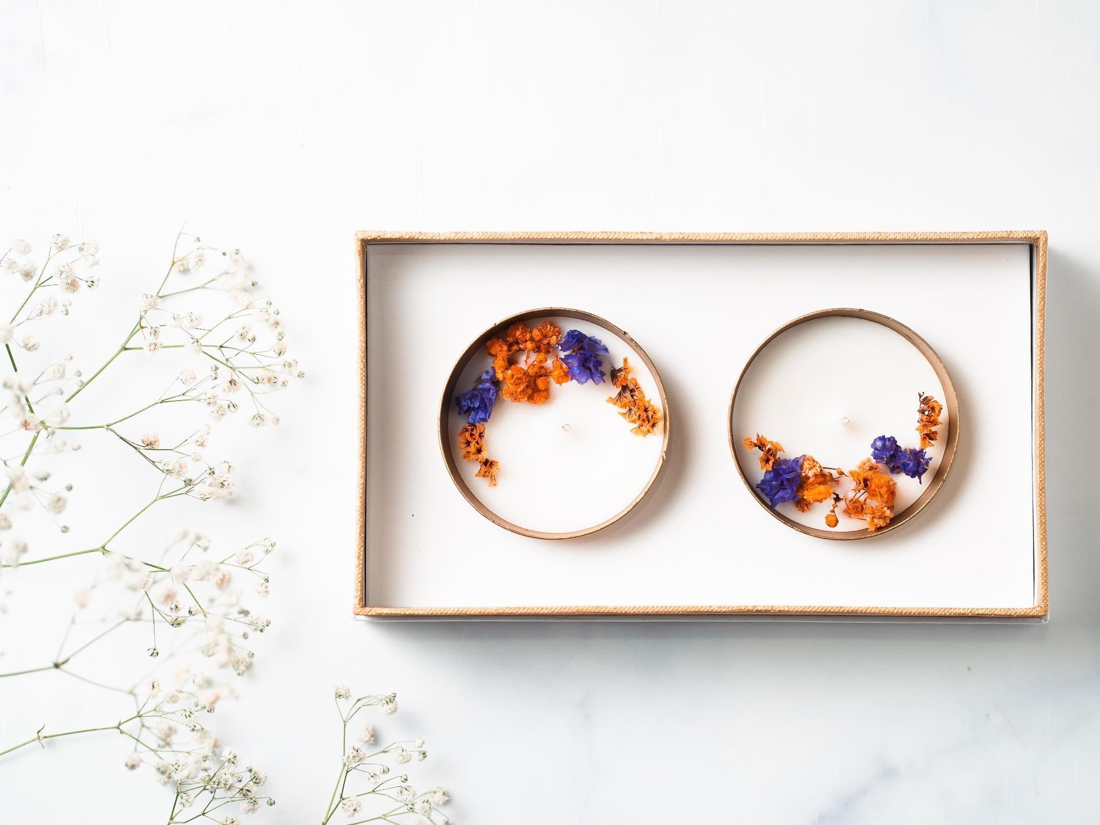 Plain 2.5" Copper Finish Votive Set Of 2 | Scented Soy Wax Candle | With Natural Flowers | With Box