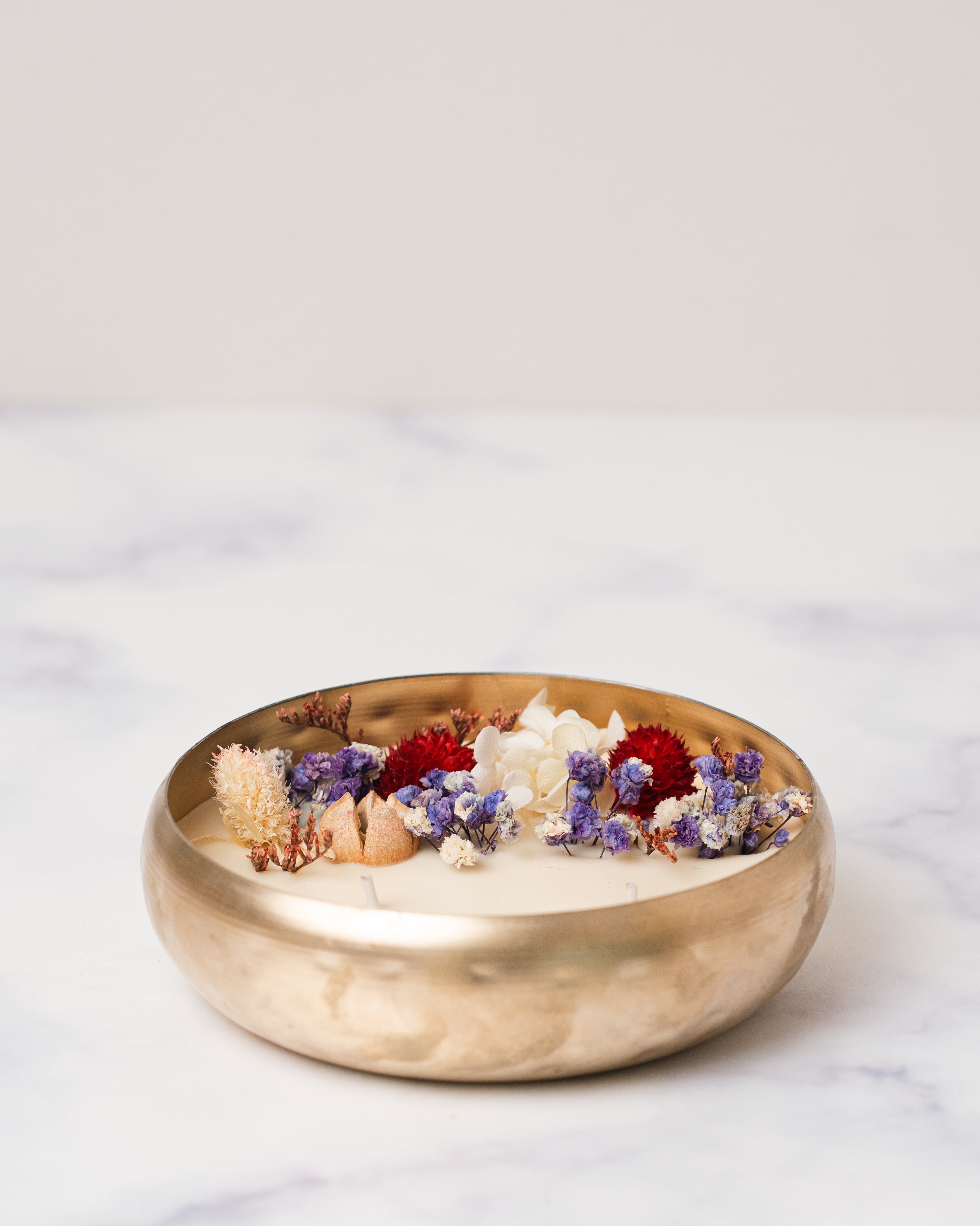 Hammered Curved 5" Copper Finish Urli |  Scented Soy Wax Candle | With Natural Flowers