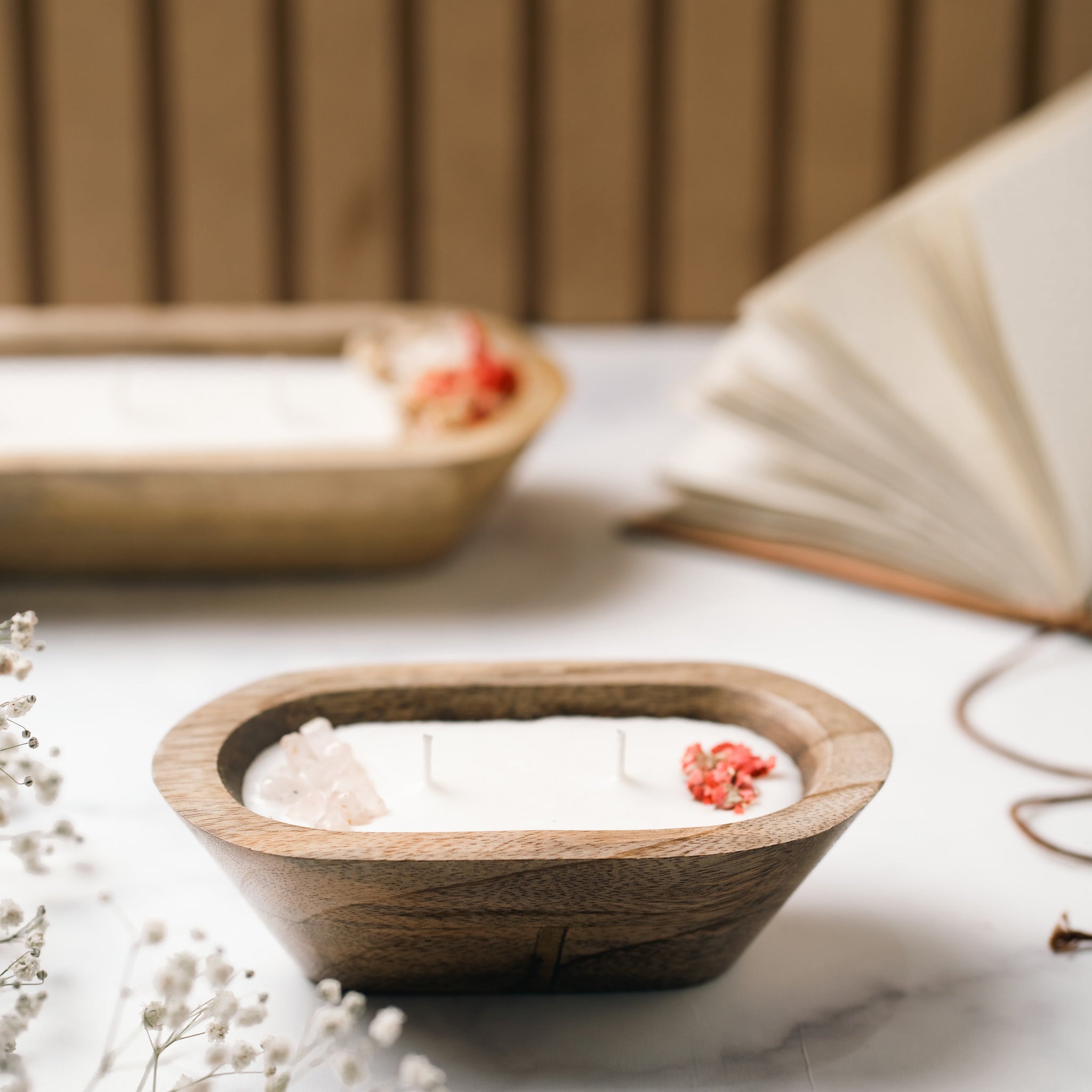 Wooden Boat 6" Container | Scented Soy Wax Candle | With Natural Flowers and Stones
