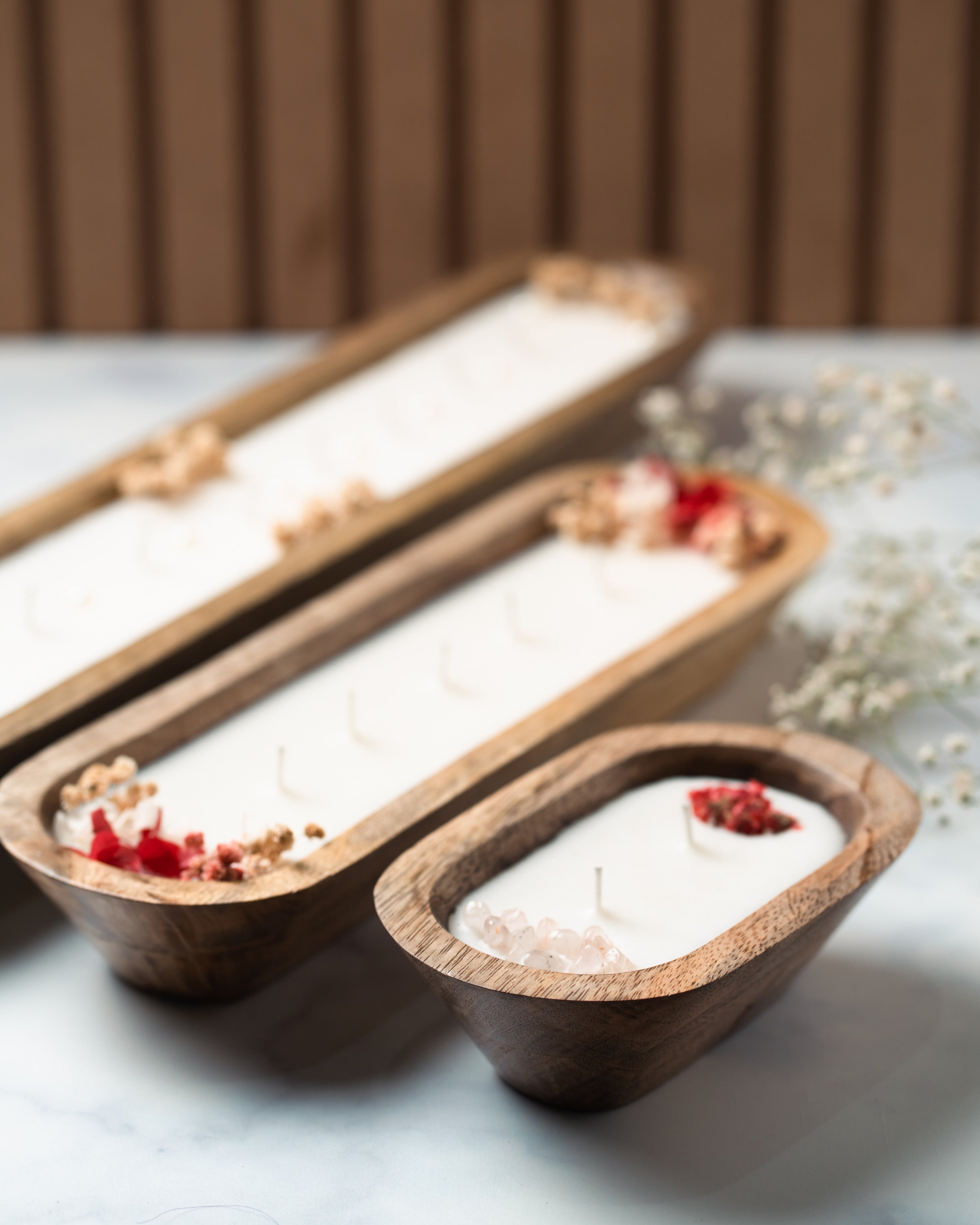 Wooden Boat 6" Container | Scented Soy Wax Candle | With Natural Flowers and Stones