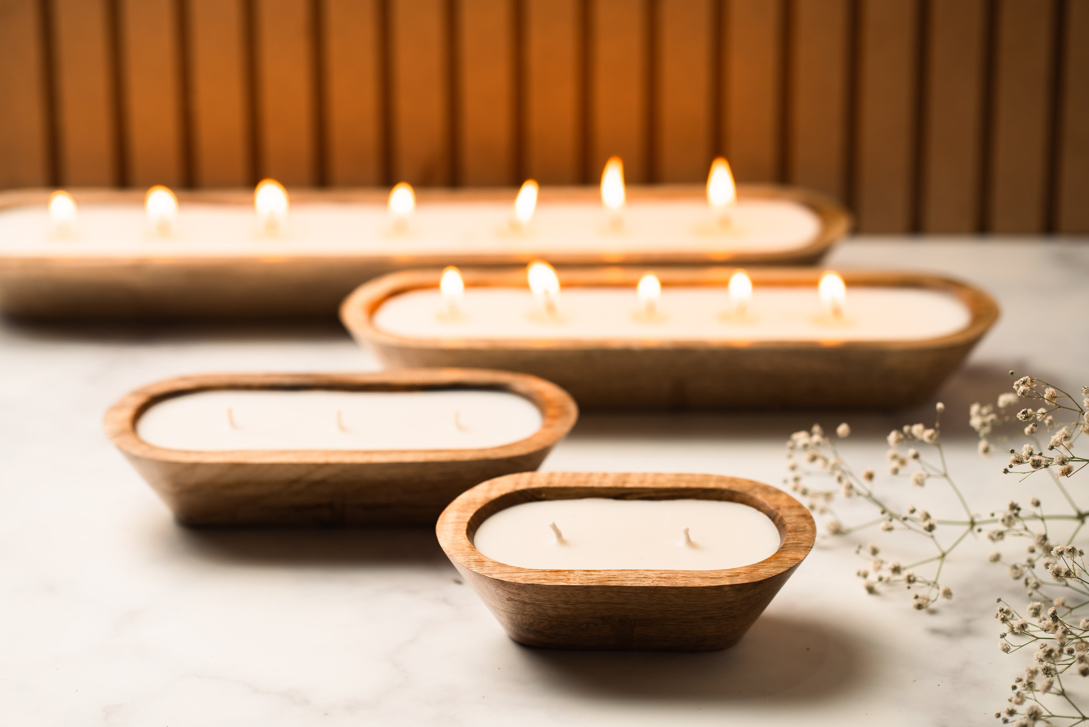 Wooden Boat 6" Container | Scented Soy Wax Candle | With Natural Flowers and Stones
