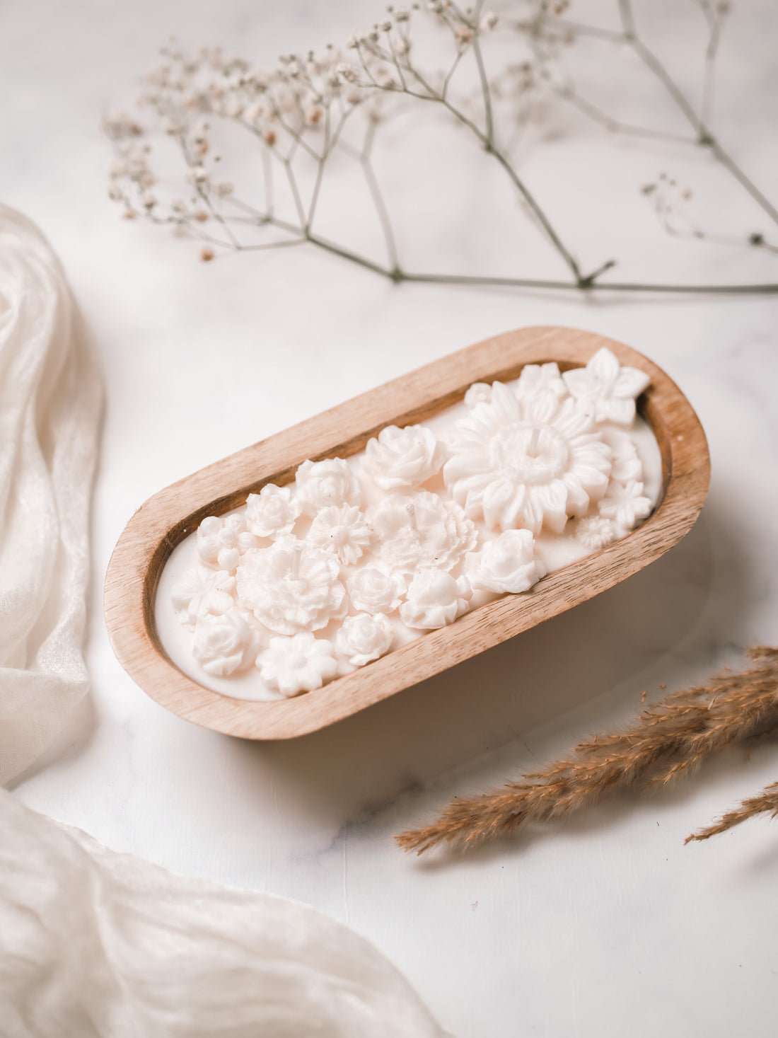 Wooden Boat 8" Container | Scented Soy Wax Candle | With Wax Flowers