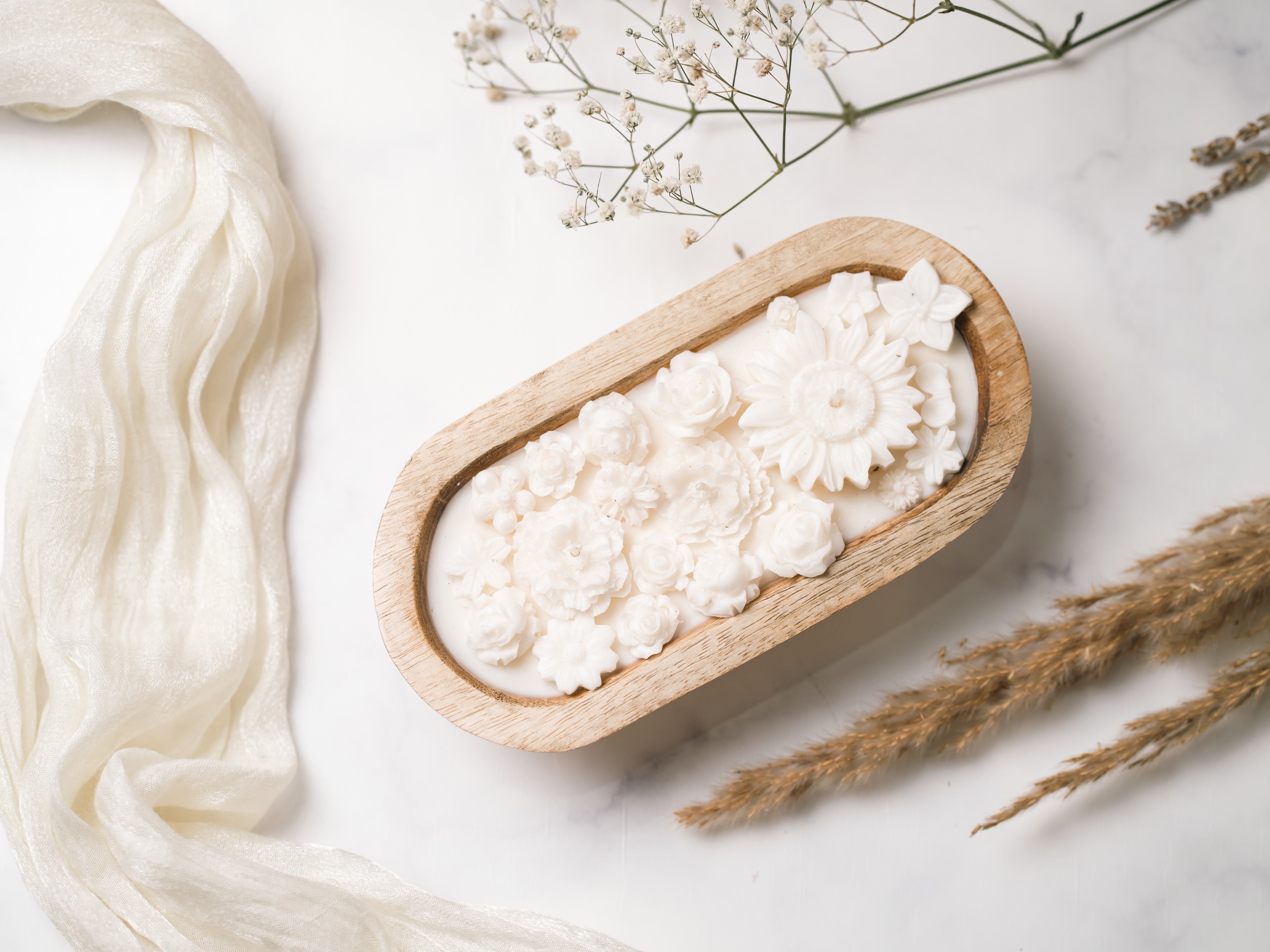 Wooden Boat 8" Container | Scented Soy Wax Candle | With Wax Flowers