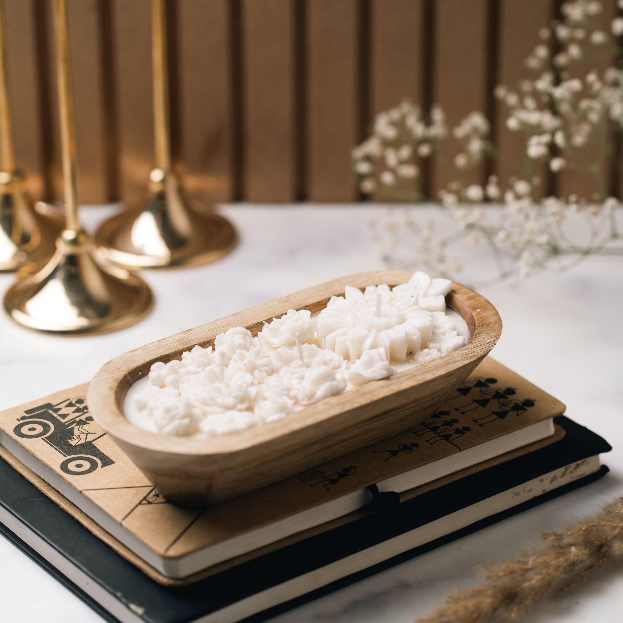 Wooden Boat 8" Container | Scented Soy Wax Candle | With Wax Flowers