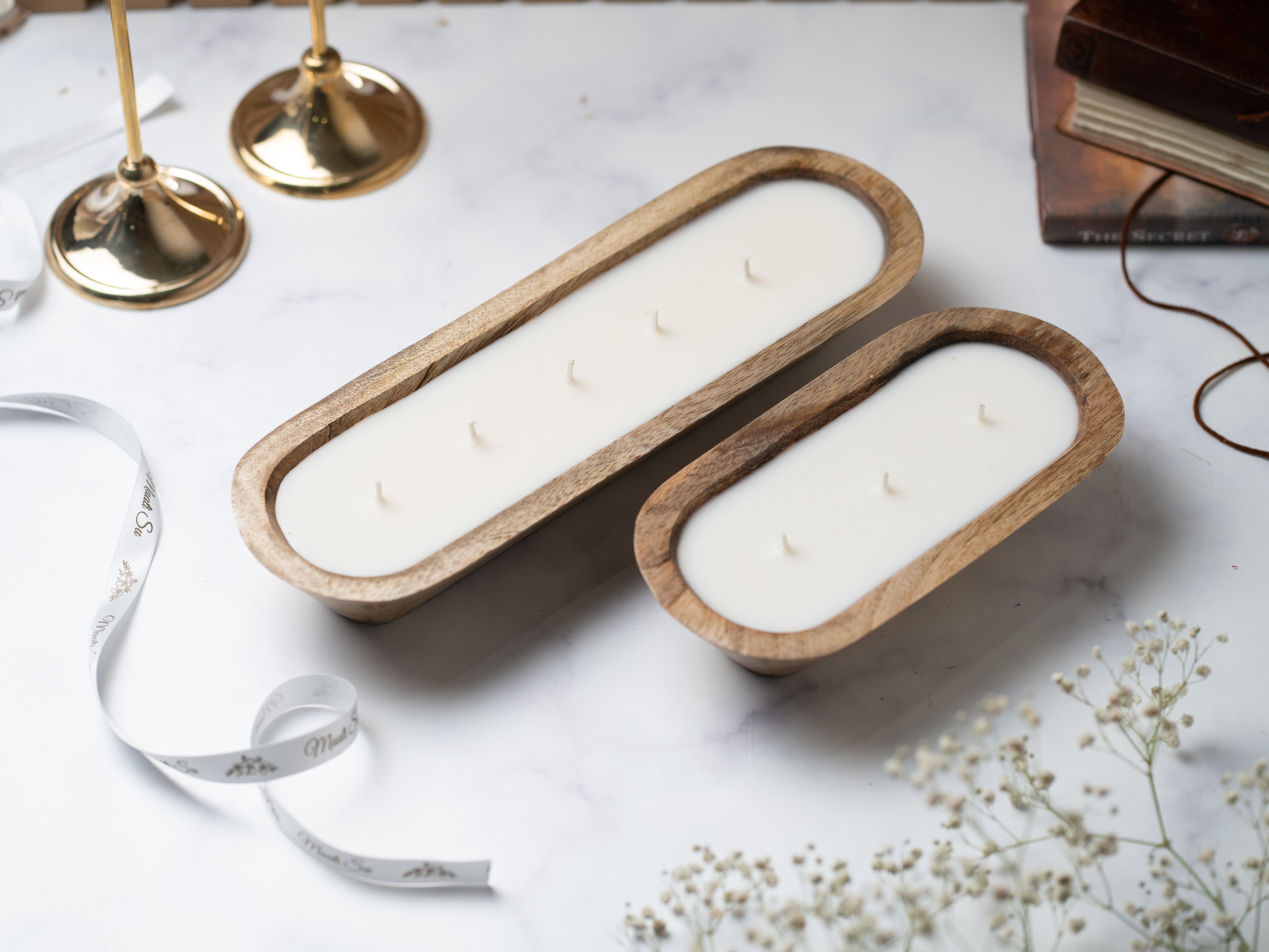 Wooden Boat 8" Container | Scented Soy Wax Candle | With Wax Flowers