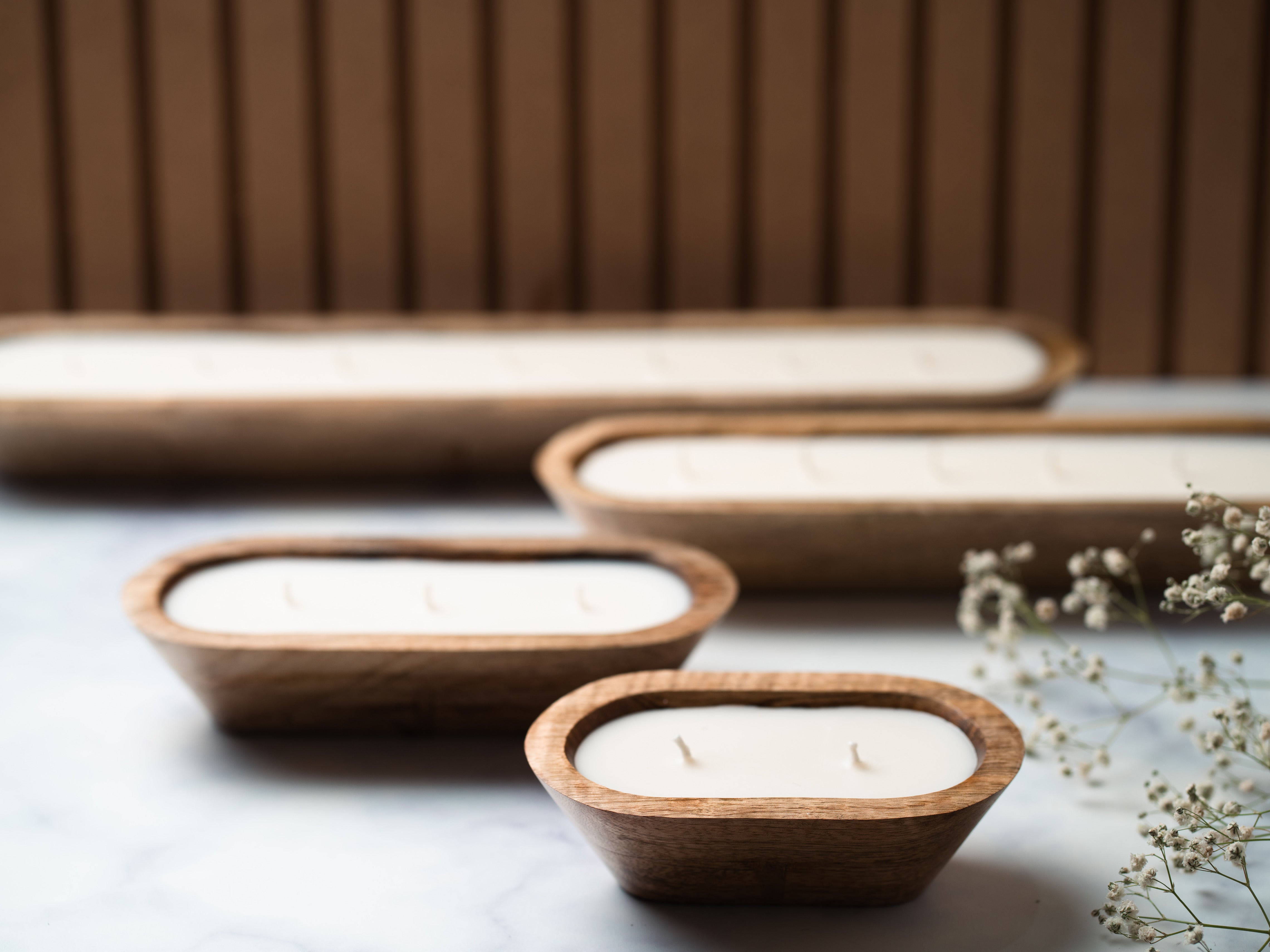 Wooden Boat 8" Container | Scented Soy Wax Candle | With Wax Flowers