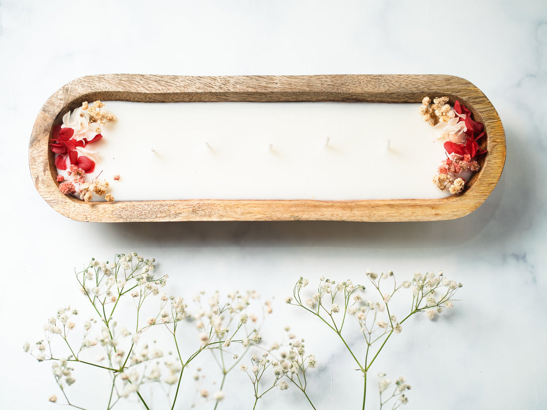 Wooden Boat 12" Container | Scented Soy Wax Candle | With Natural Flowers