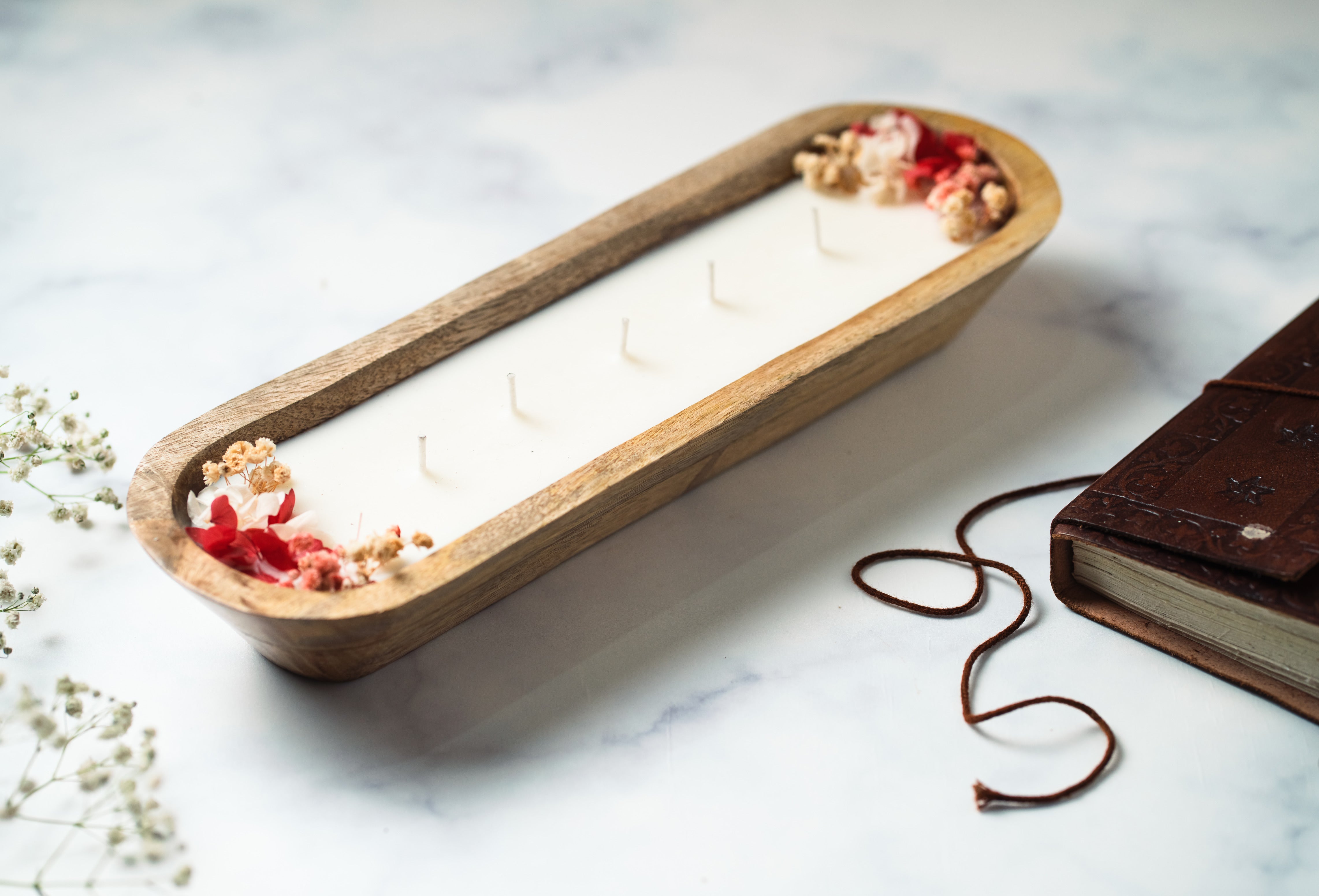 Wooden Boat 12" Container | Scented Soy Wax Candle | With Natural Flowers