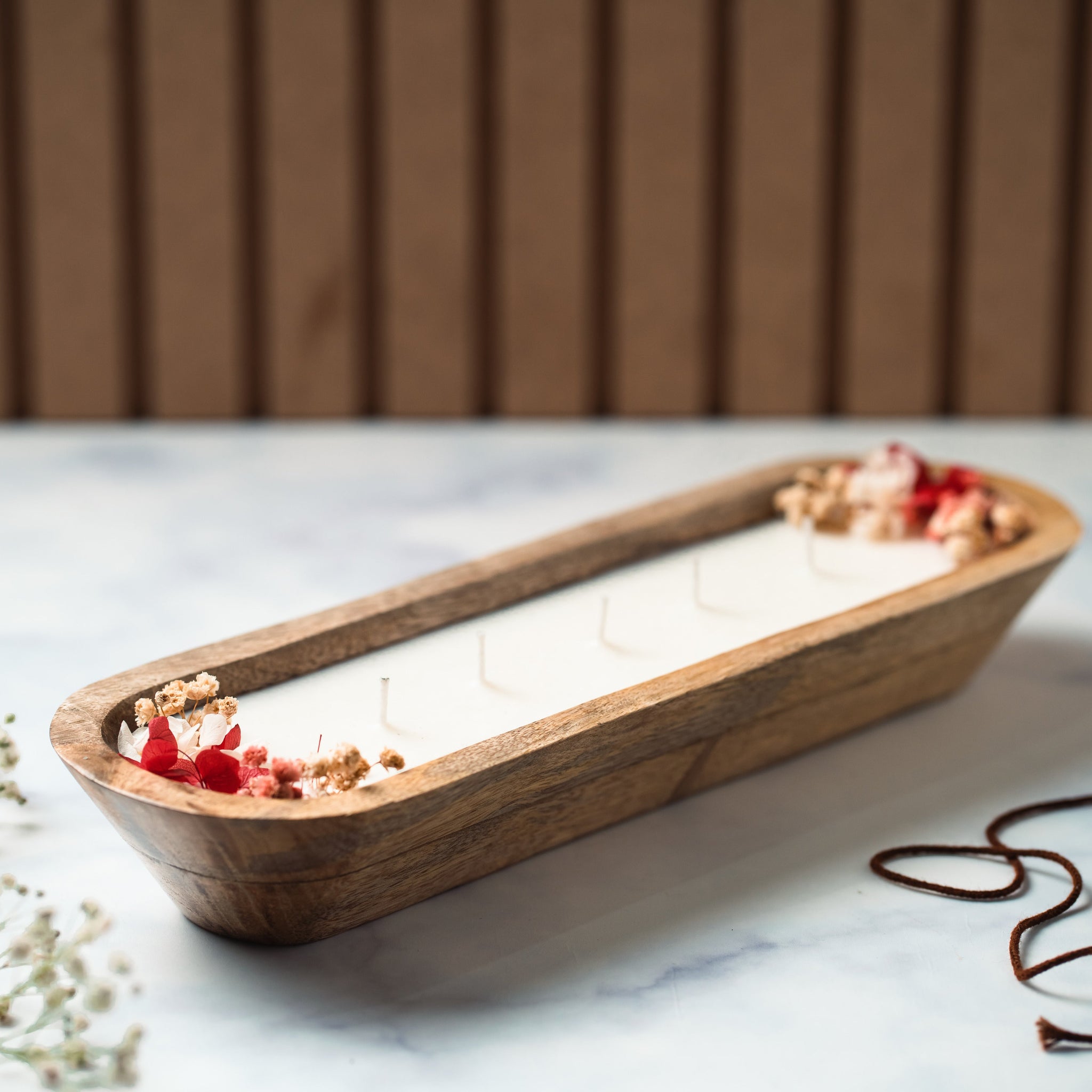 Wooden Boat 12" Container | Scented Soy Wax Candle | With Natural Flowers