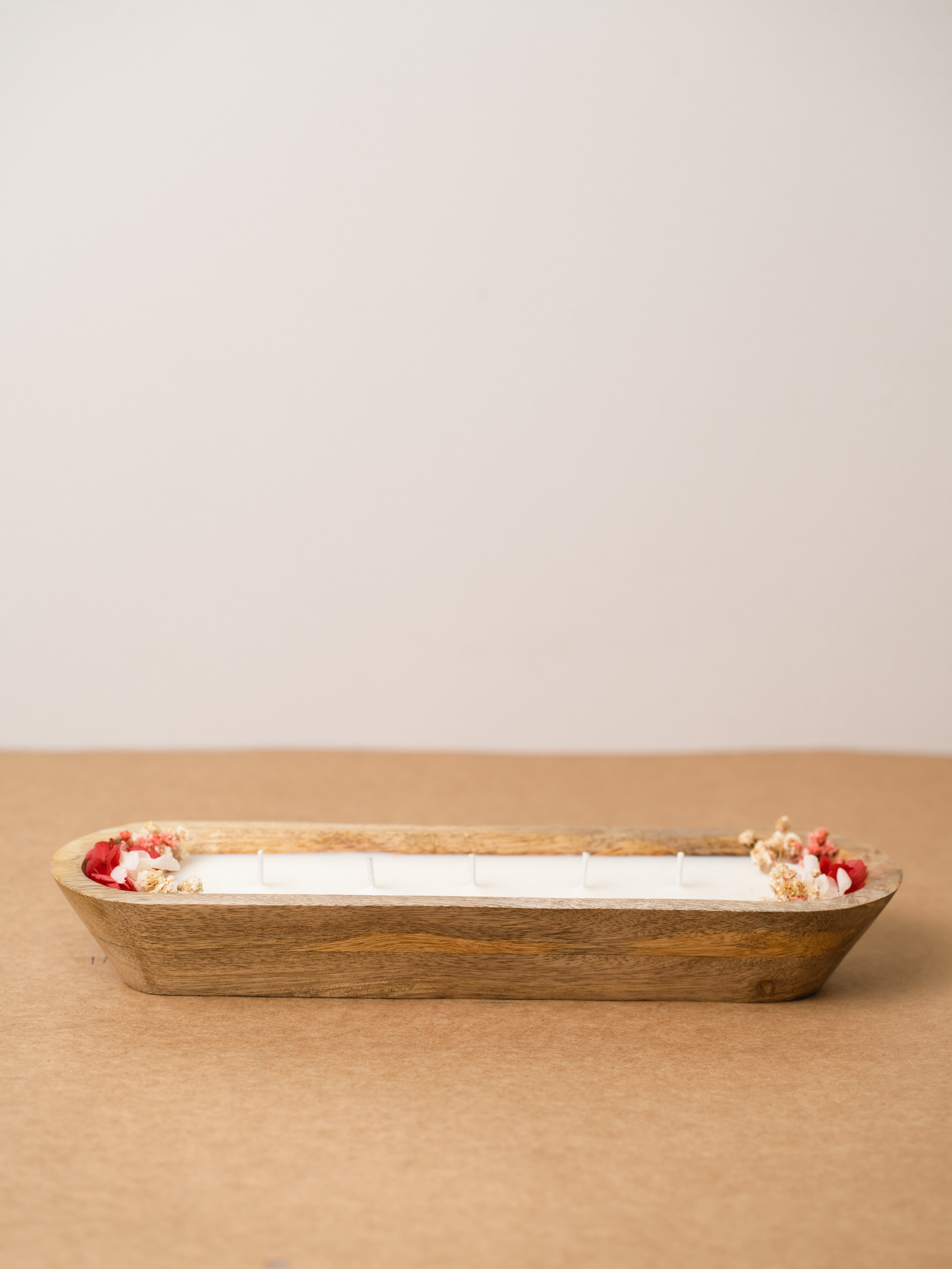 Wooden Boat 12" Container | Scented Soy Wax Candle | With Natural Flowers