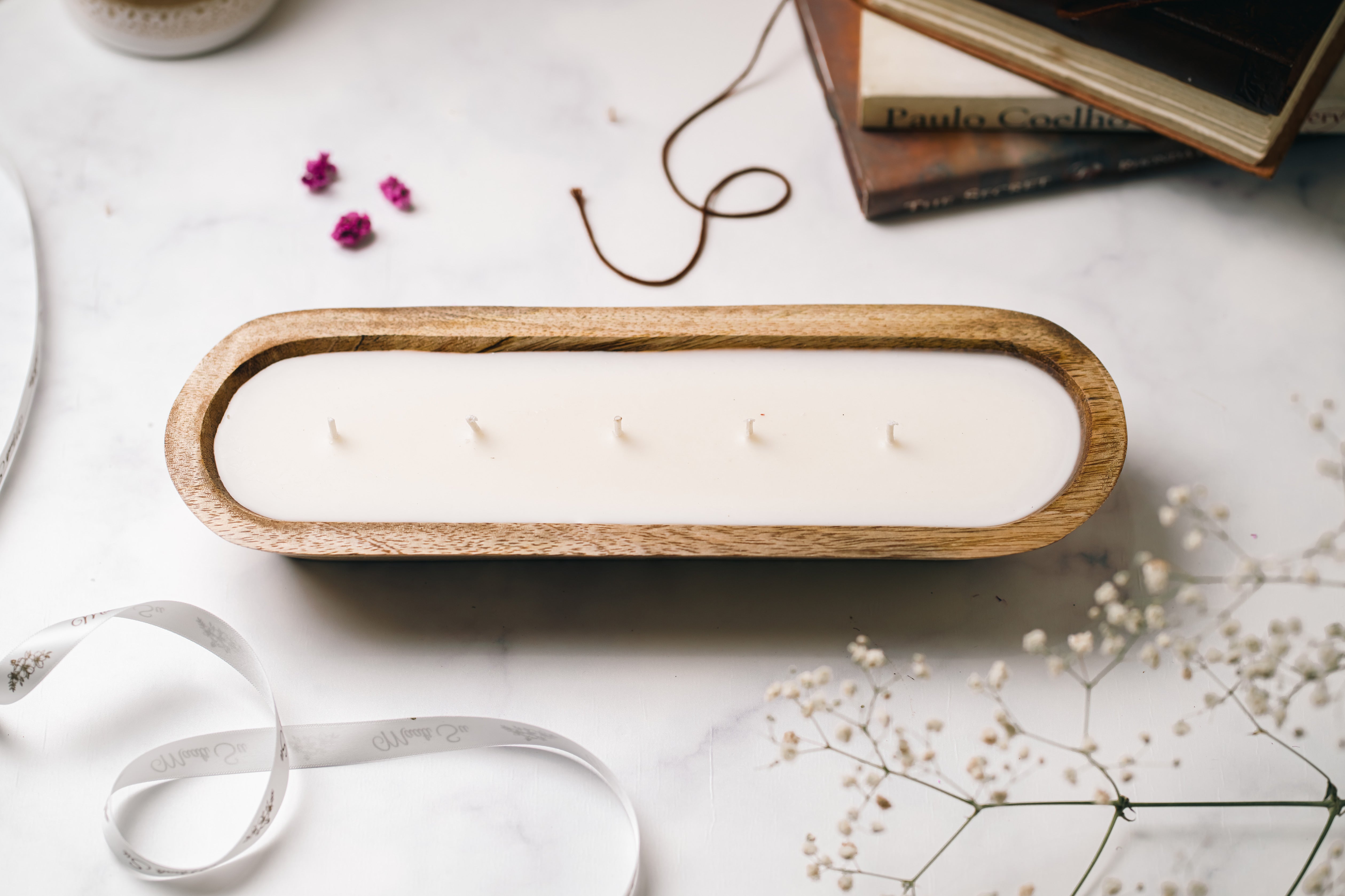 Wooden Boat 12" Container | Scented Soy Wax Candle | With Natural Flowers
