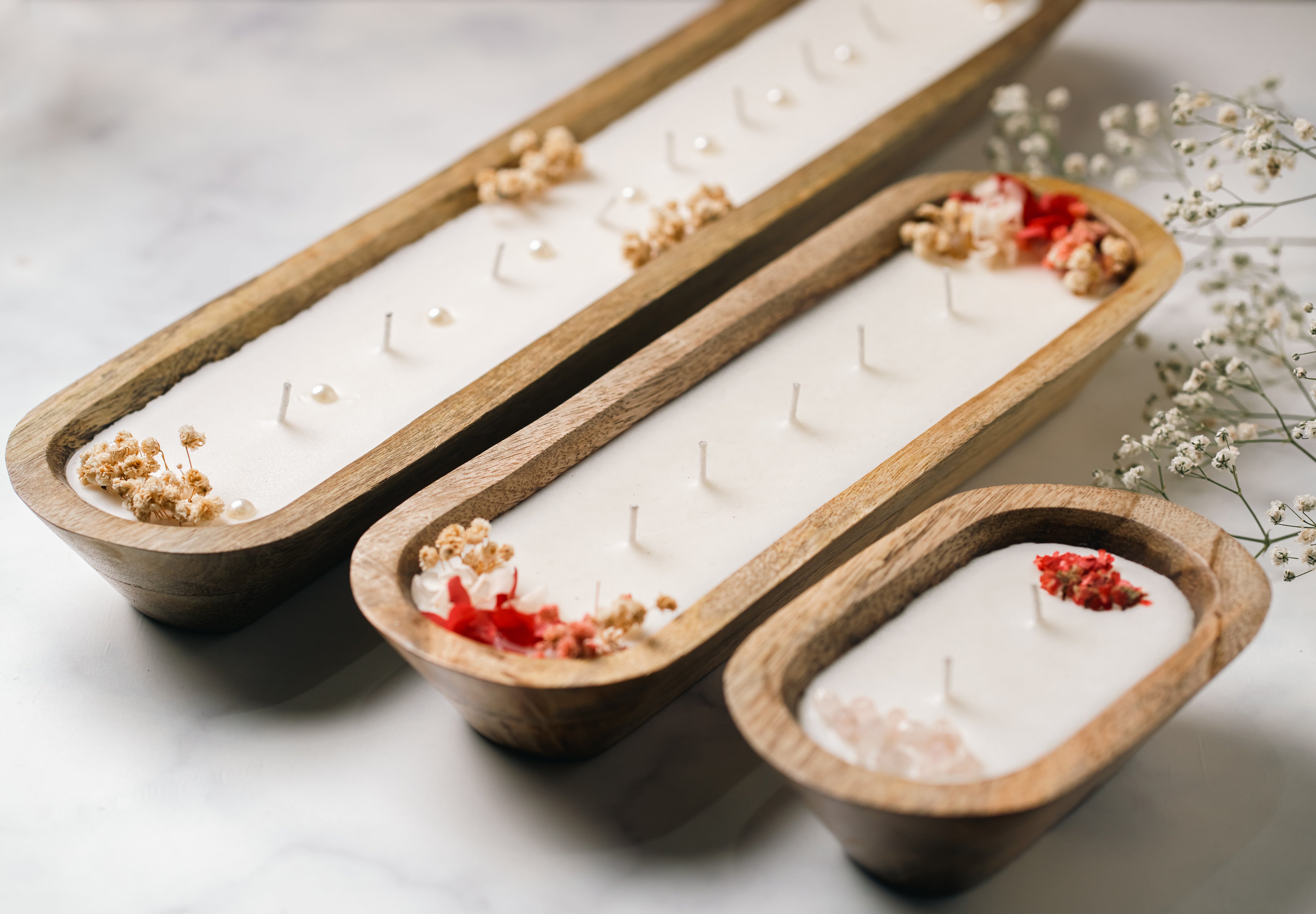 Wooden Boat 12" Container | Scented Soy Wax Candle | With Natural Flowers