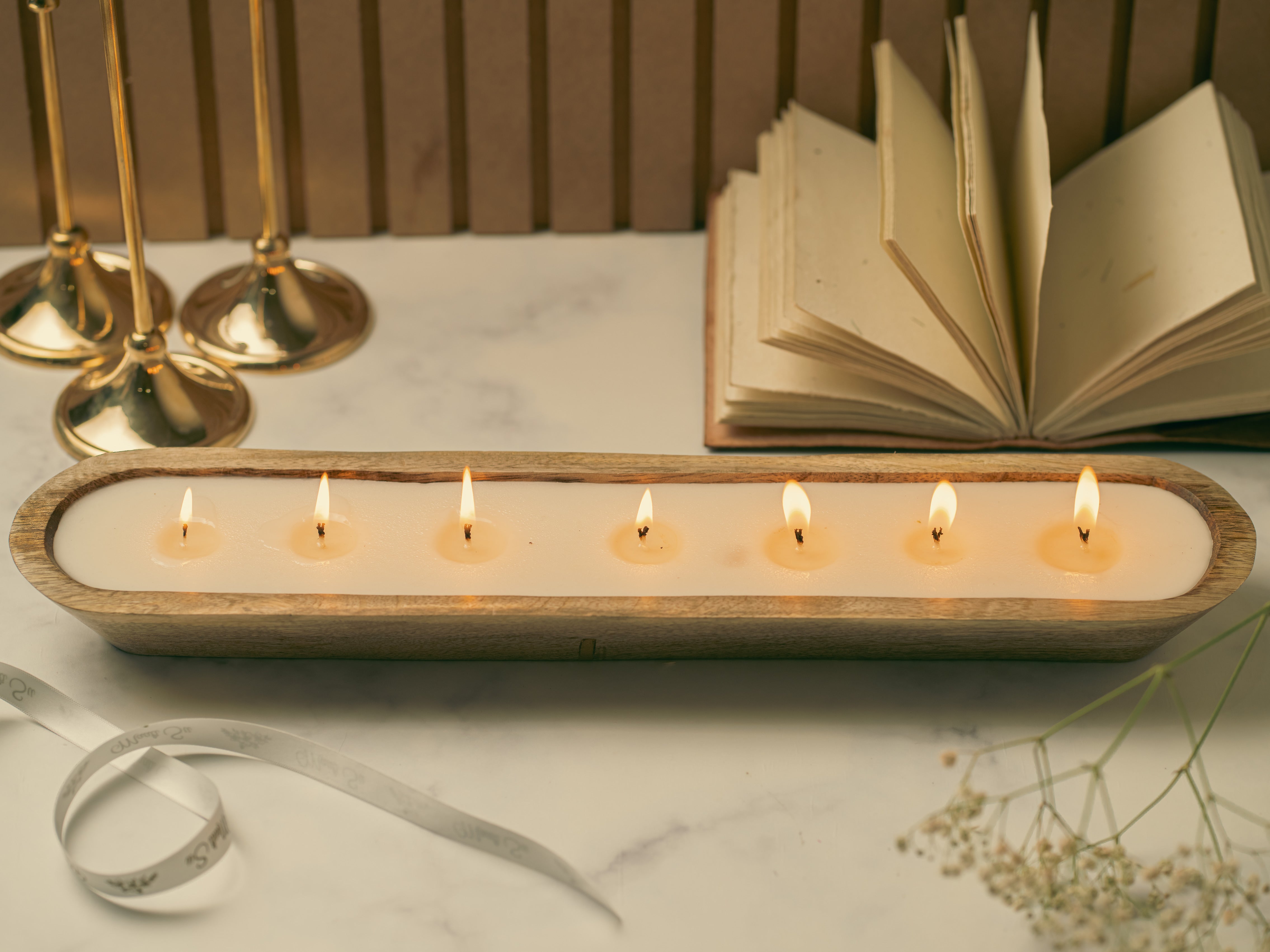 Wooden Boat 18" Container | Scented Soy Wax Candle | With Natural Flowers and Pearls