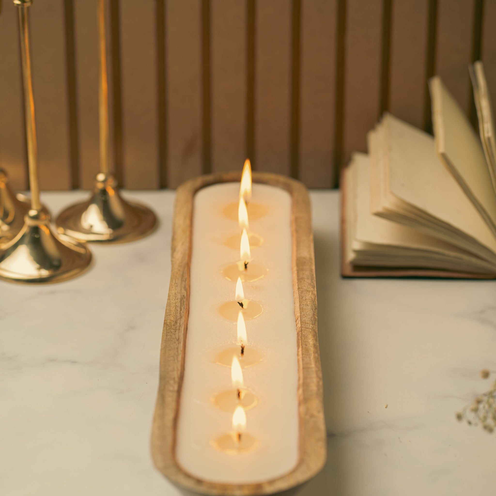 Wooden Boat 18" Container | Scented Soy Wax Candle | With Natural Flowers and Pearls