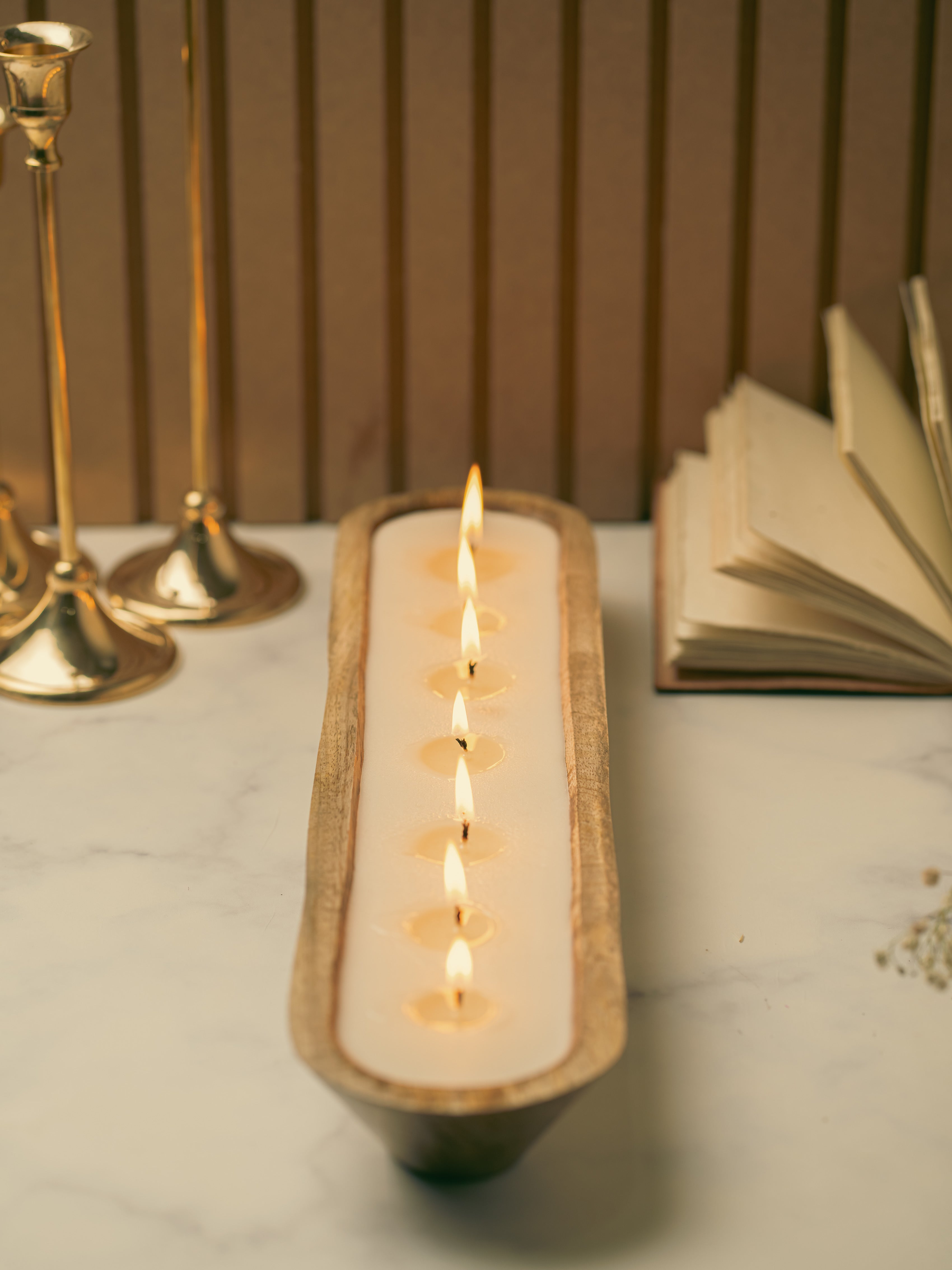 Wooden Boat 18" Container | Scented Soy Wax Candle | With Natural Flowers and Pearls