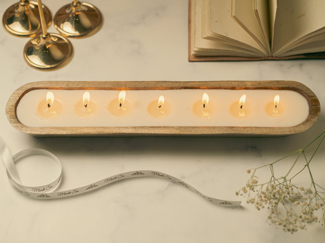 Wooden Boat 18" Container | Scented Soy Wax Candle | With Natural Flowers and Pearls
