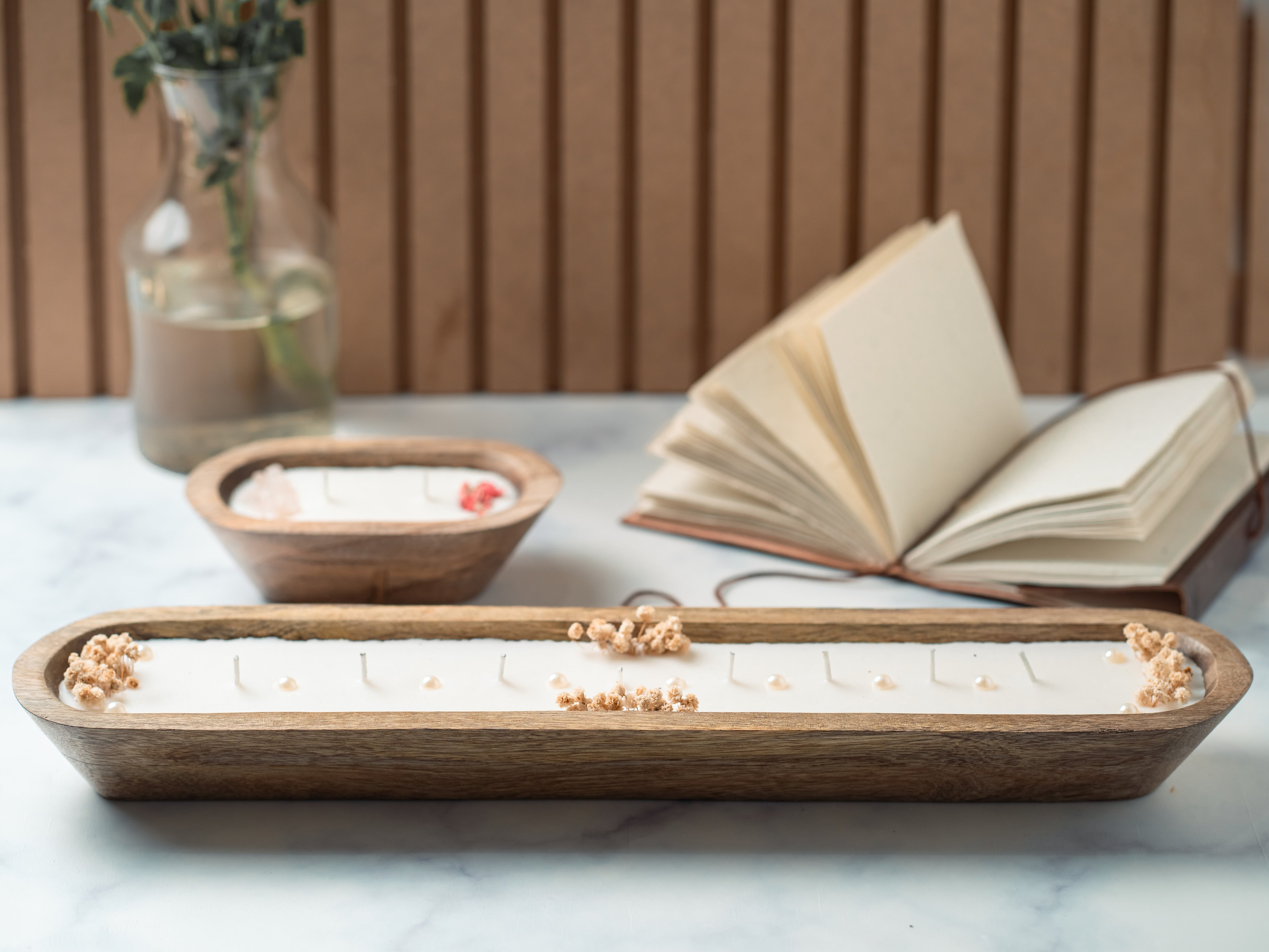 Wooden Boat 18" Container | Scented Soy Wax Candle | With Natural Flowers and Pearls