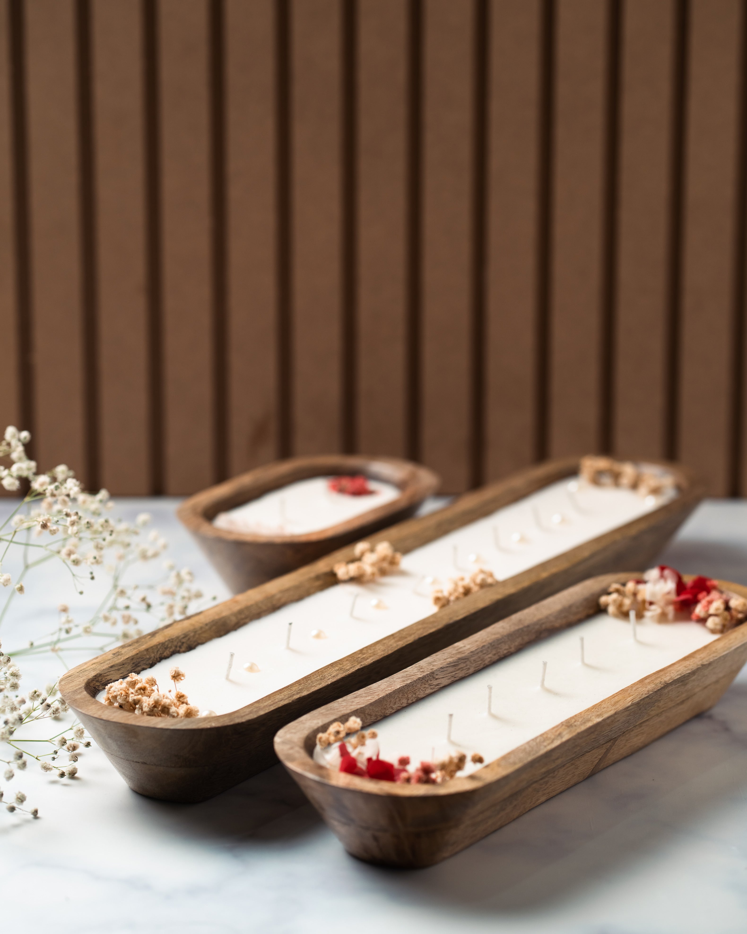 Wooden Boat 18" Container | Scented Soy Wax Candle | With Natural Flowers and Pearls
