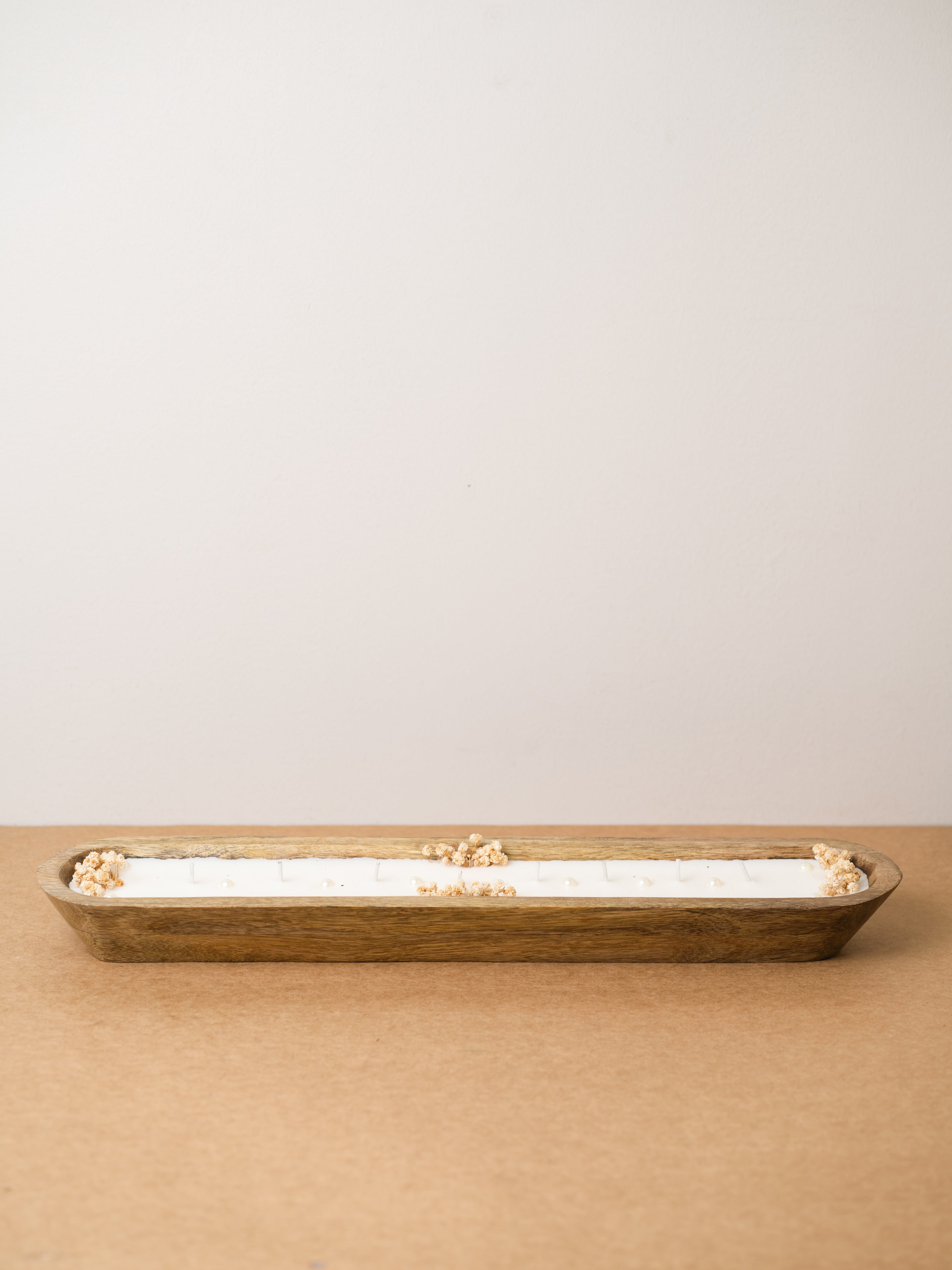 Wooden Boat 18" Container | Scented Soy Wax Candle | With Natural Flowers and Pearls