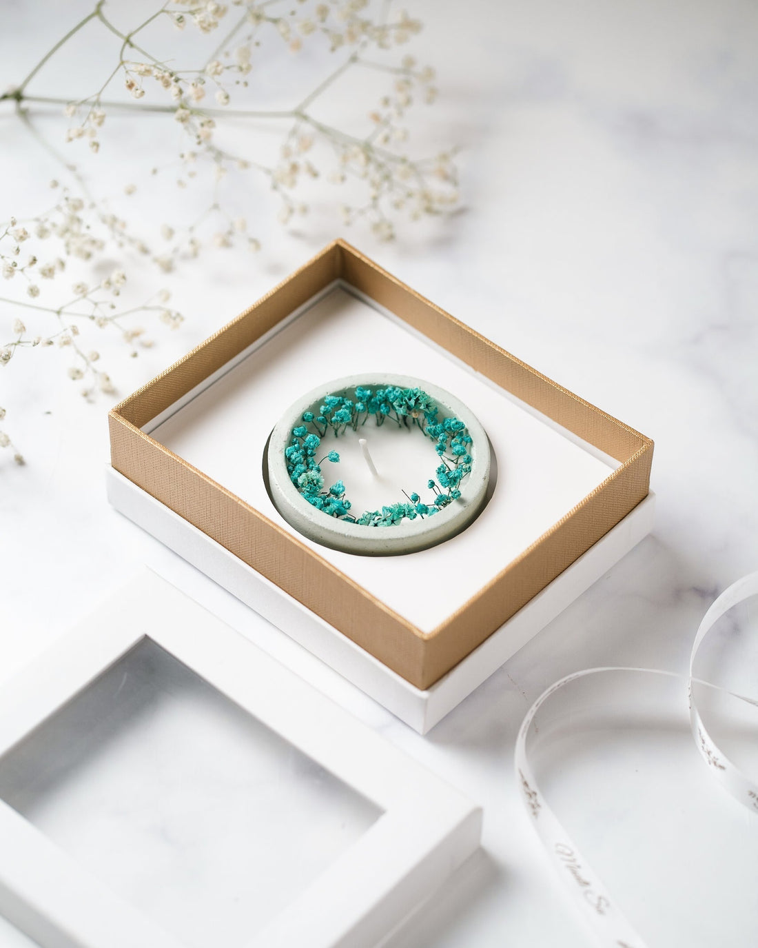 Aqua Green Concrete Container | Scented Soy Wax Candle |With Dry Flower