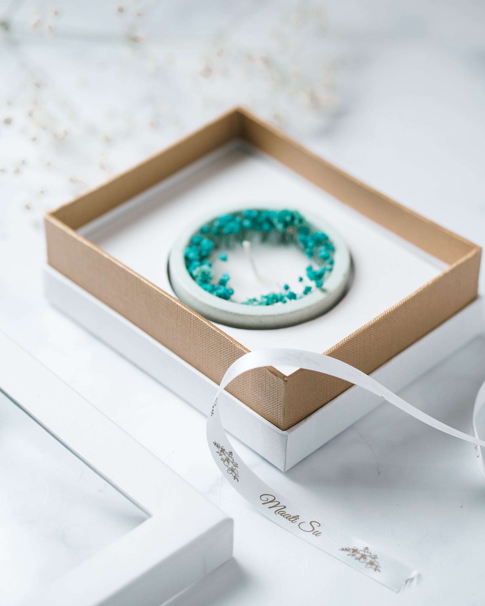 Aqua Green Concrete Container | Scented Soy Wax Candle |With Dry Flower