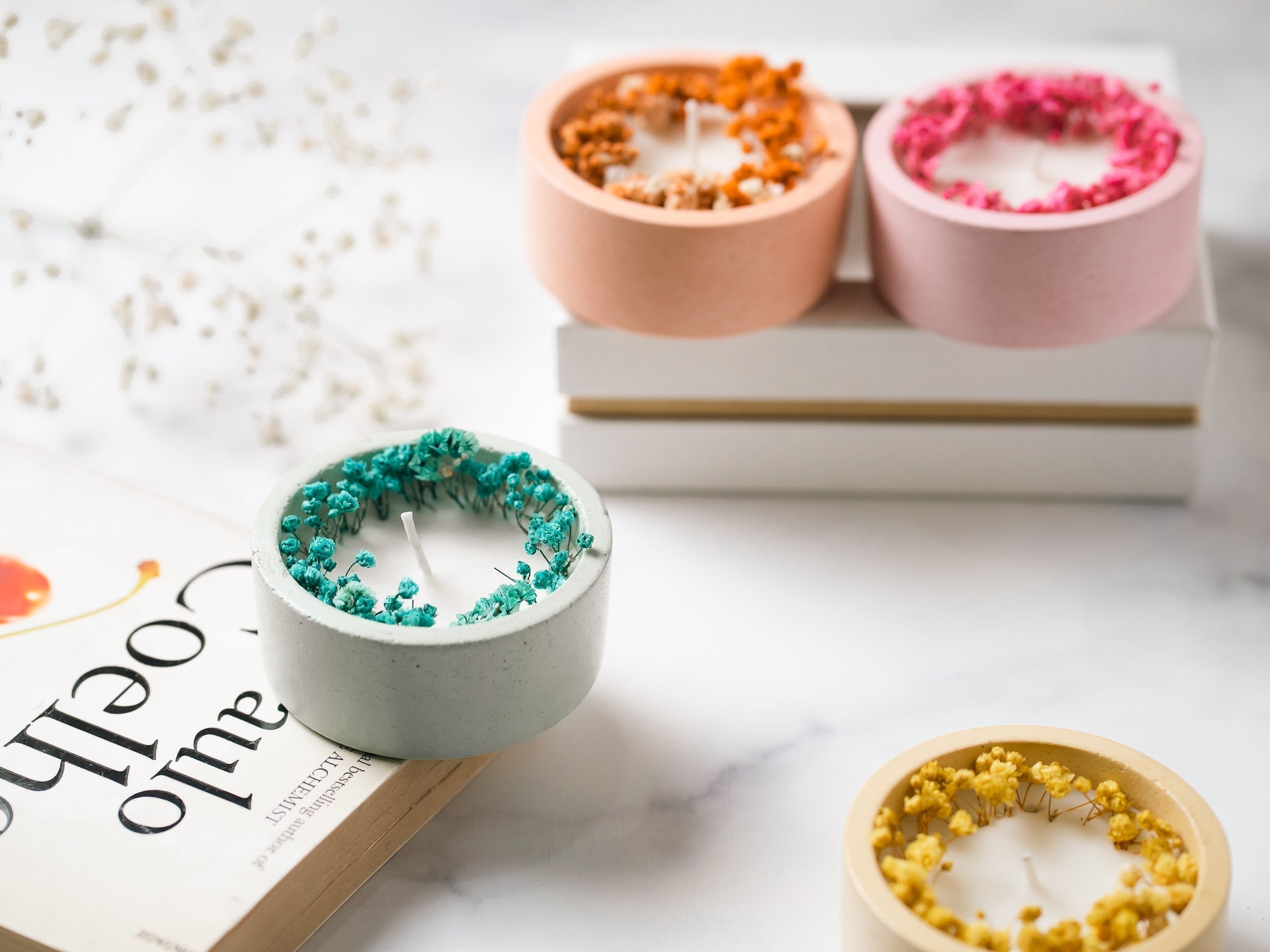 Aqua Green Concrete Container | Scented Soy Wax Candle |With Dry Flower