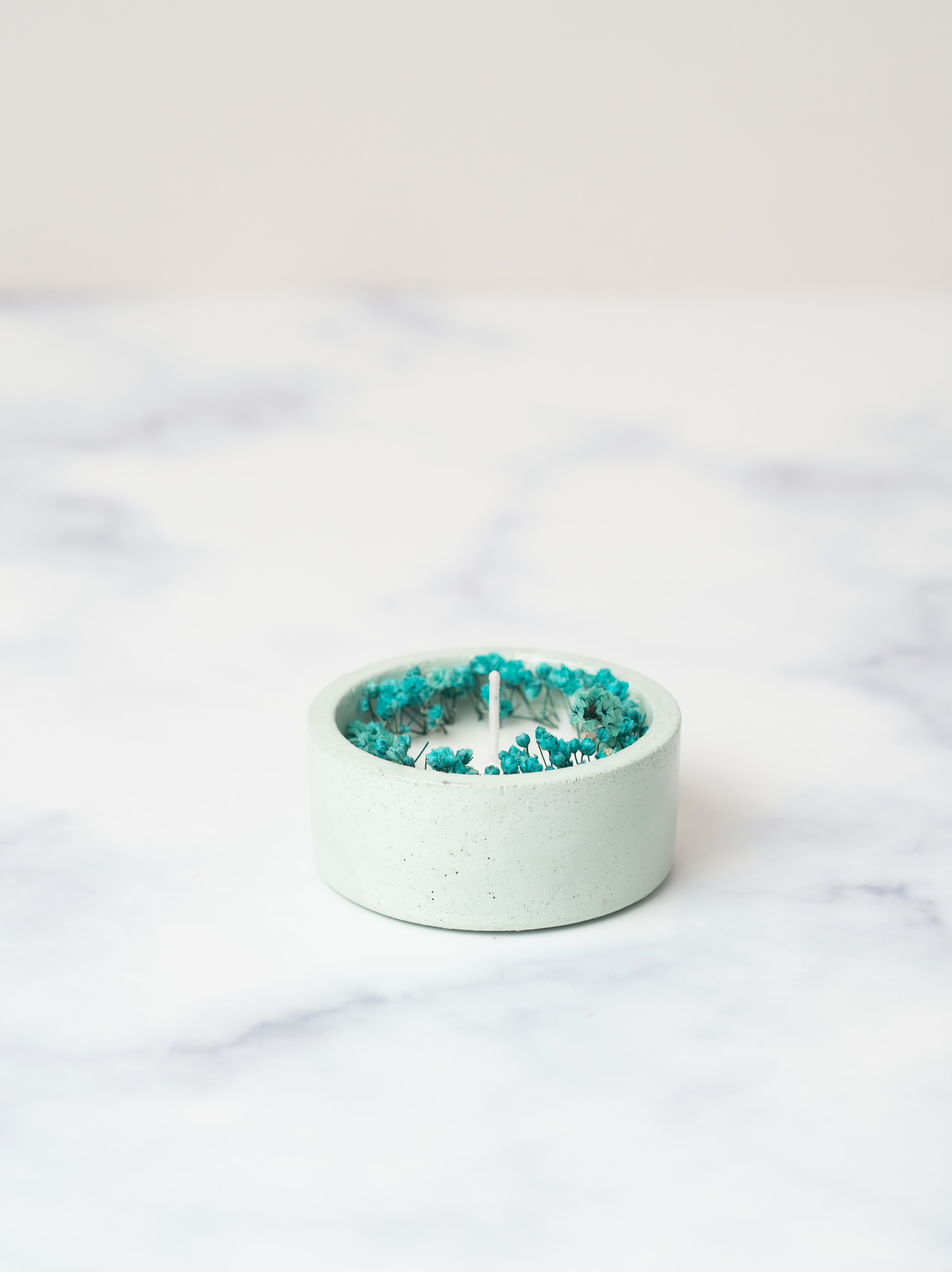 Aqua Green Concrete Container | Scented Soy Wax Candle |With Dry Flower