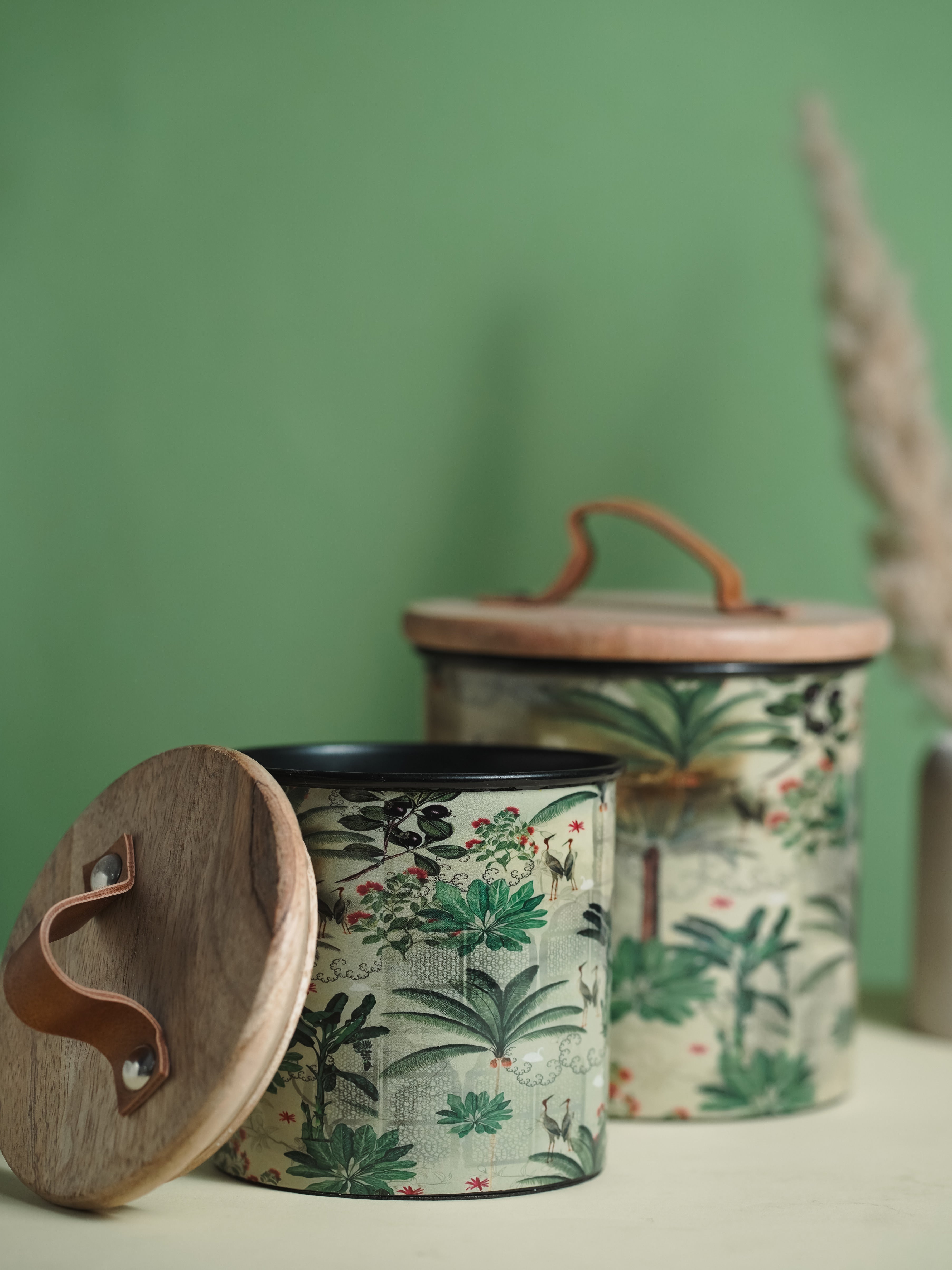 Green Iron Container Cookie Jar With Wooden Lid | Modern Minimalist Luxury Decor