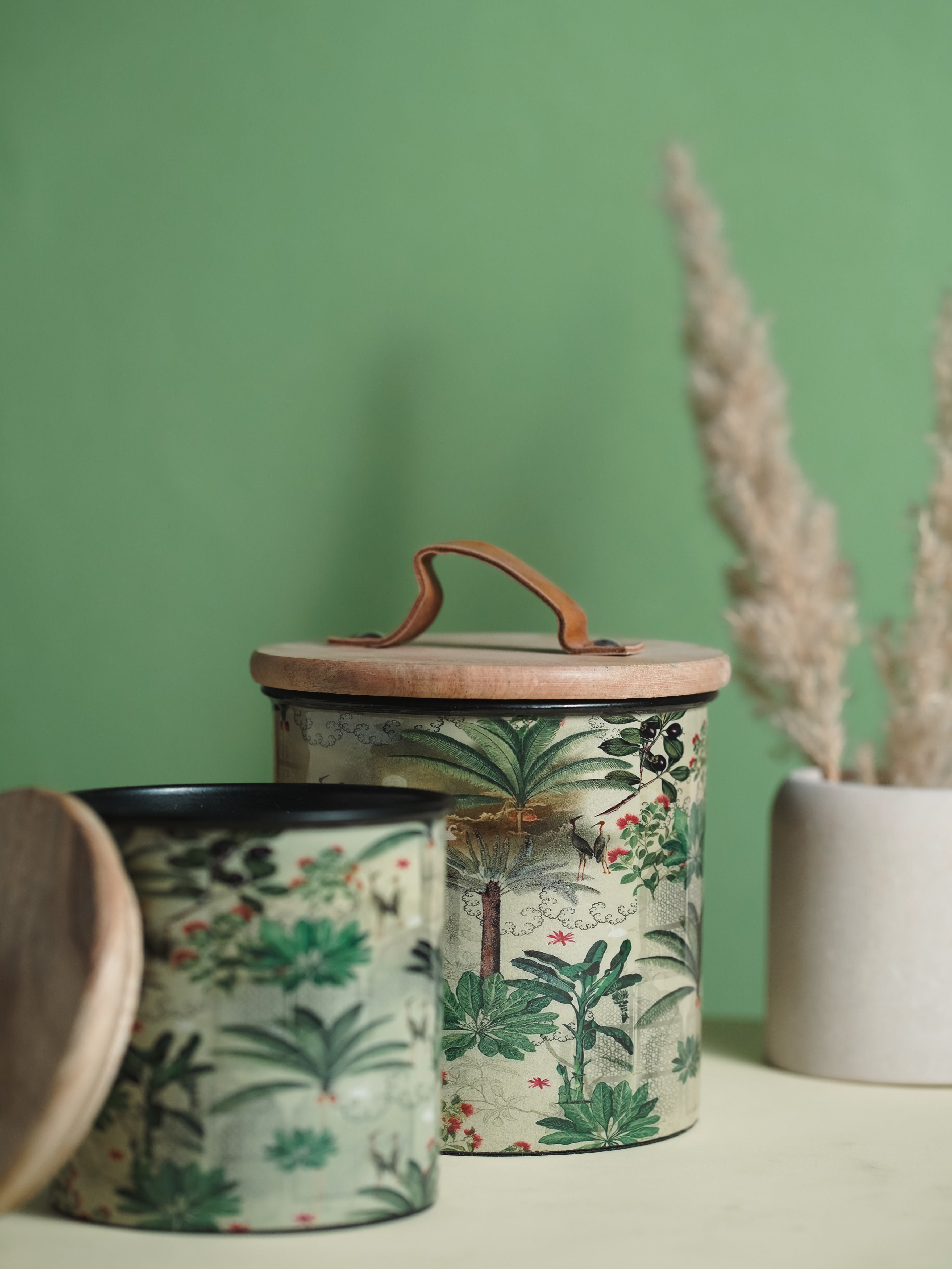 Green Iron Container Cookie Jar With Wooden Lid | Modern Minimalist Luxury Decor