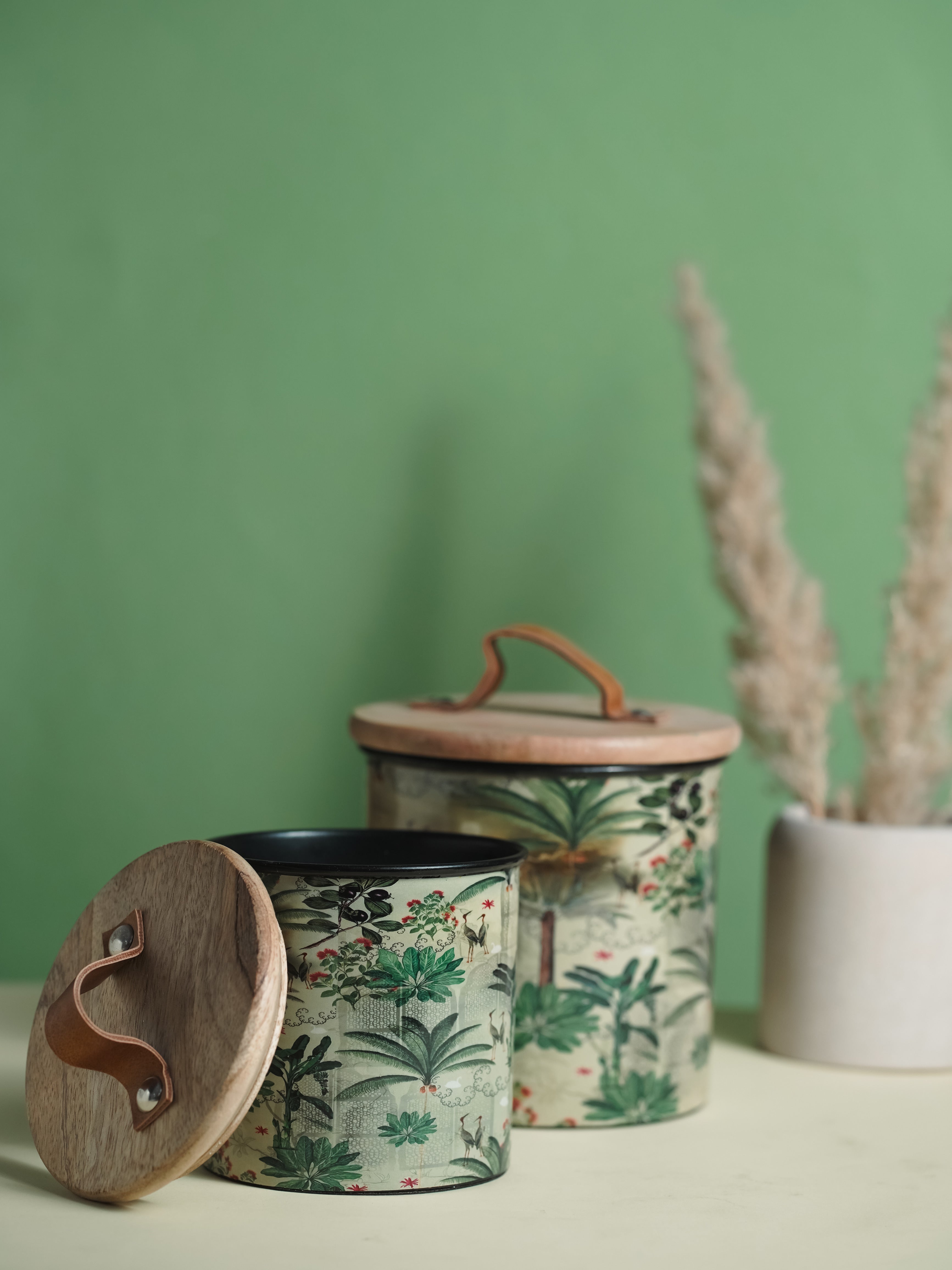 Green Iron Container Cookie Jar With Wooden Lid | Modern Minimalist Luxury Decor