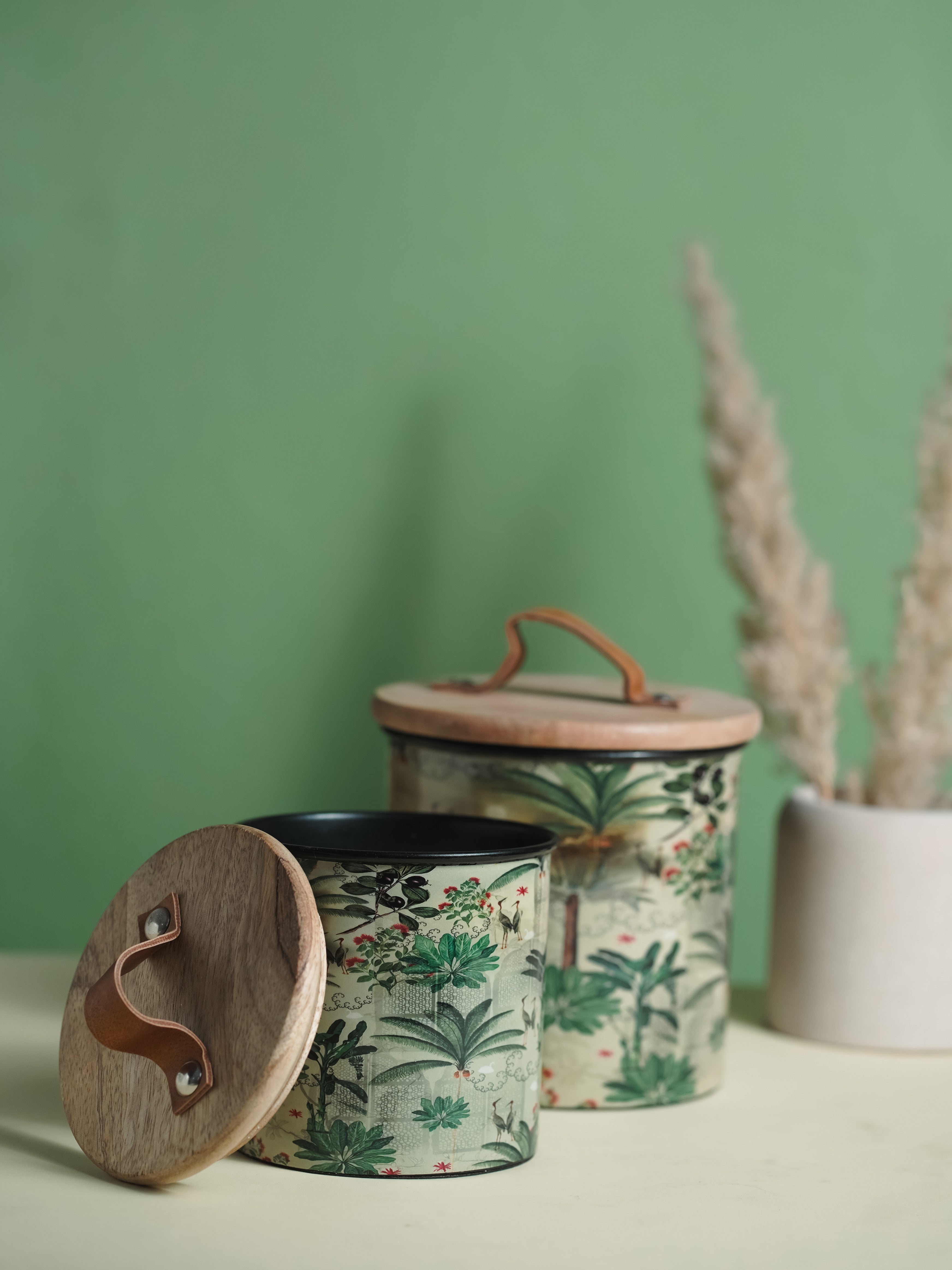 Green Iron Container Cookie Jar With Wooden Lid | Modern Minimalist Luxury Decor
