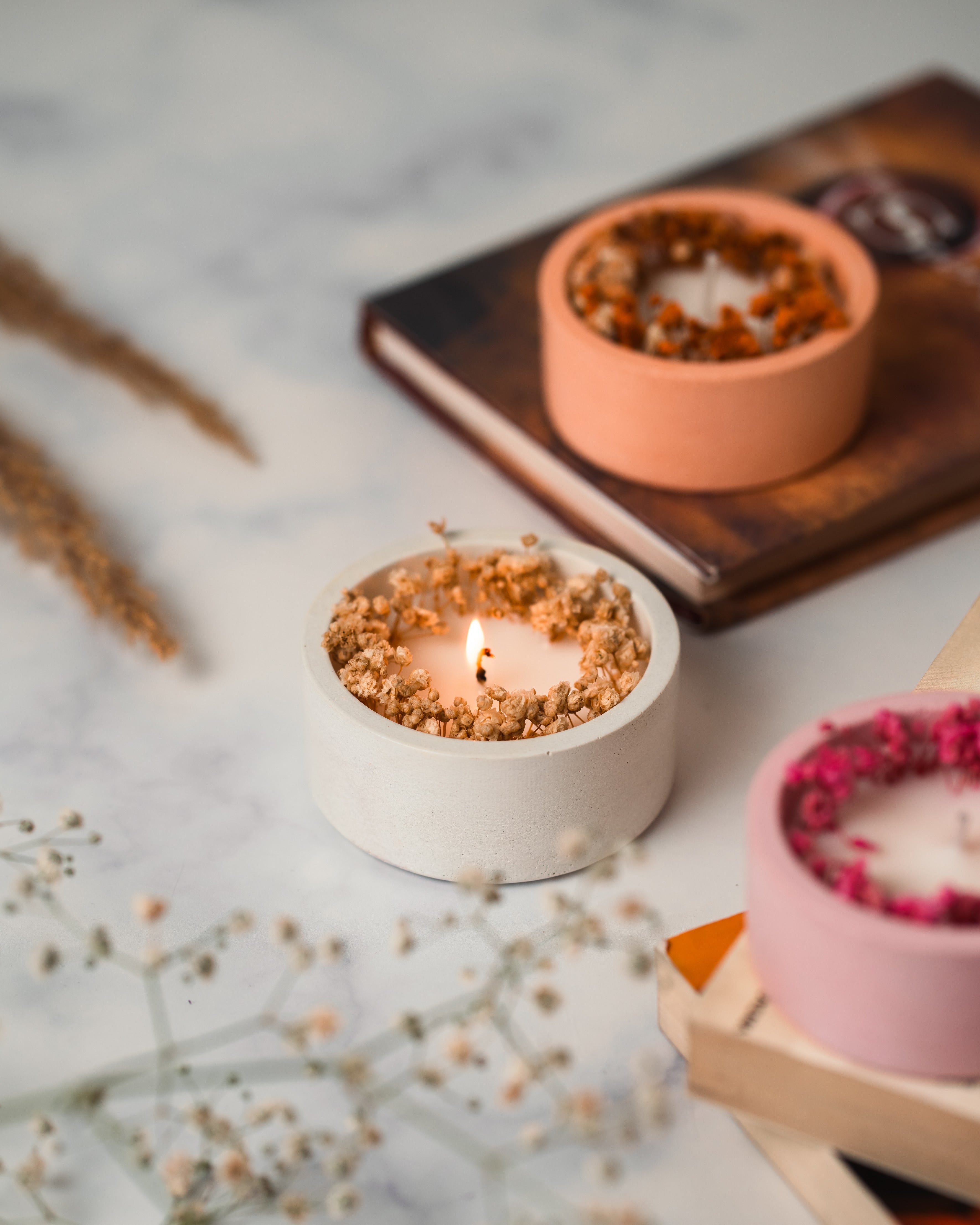 White Concrete Container | Scented Soy Wax Candle | With Dry Flower