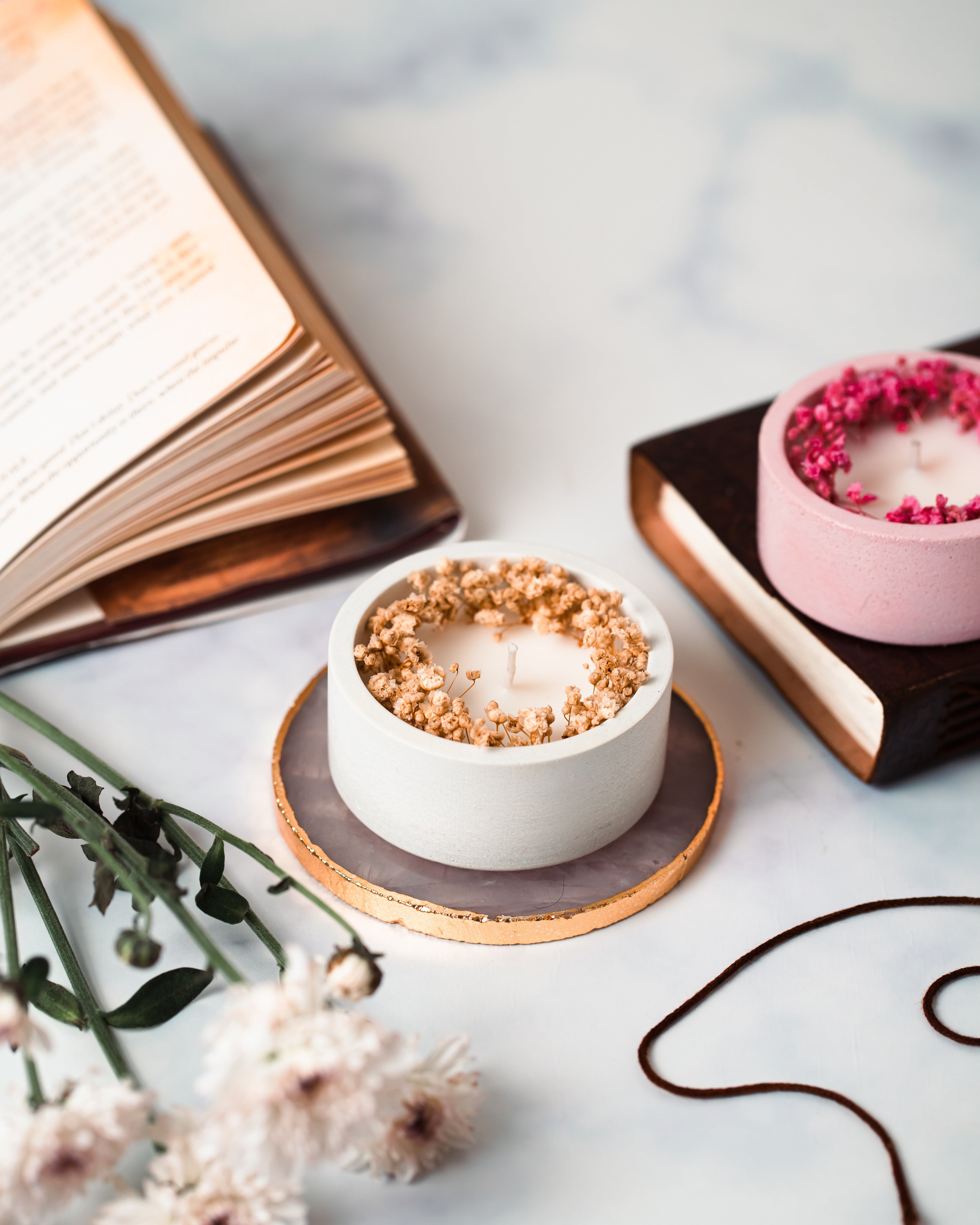 White Concrete Container | Scented Soy Wax Candle | With Dry Flower