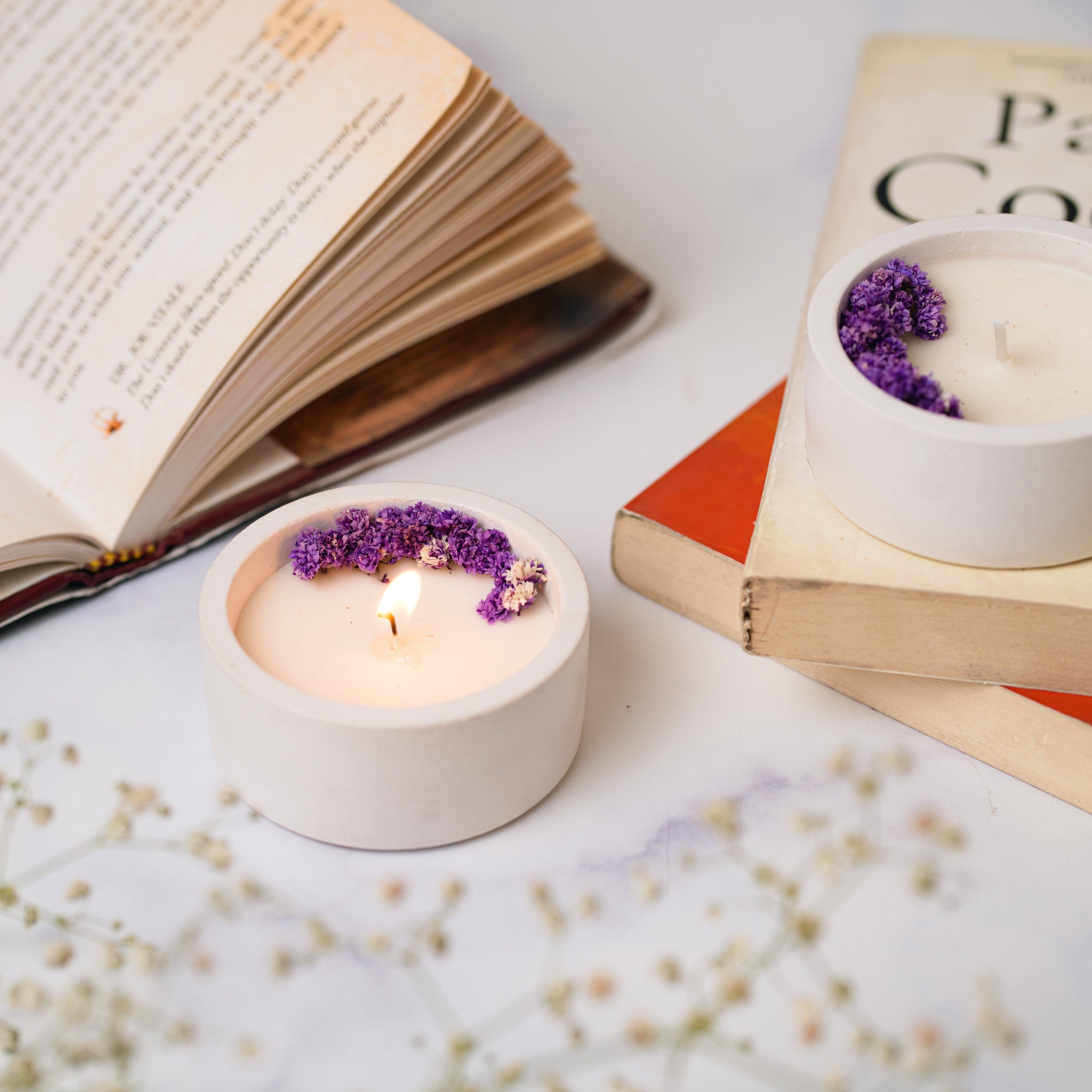White Concrete Container | Scented Soy Wax Candle | With Dry Flower