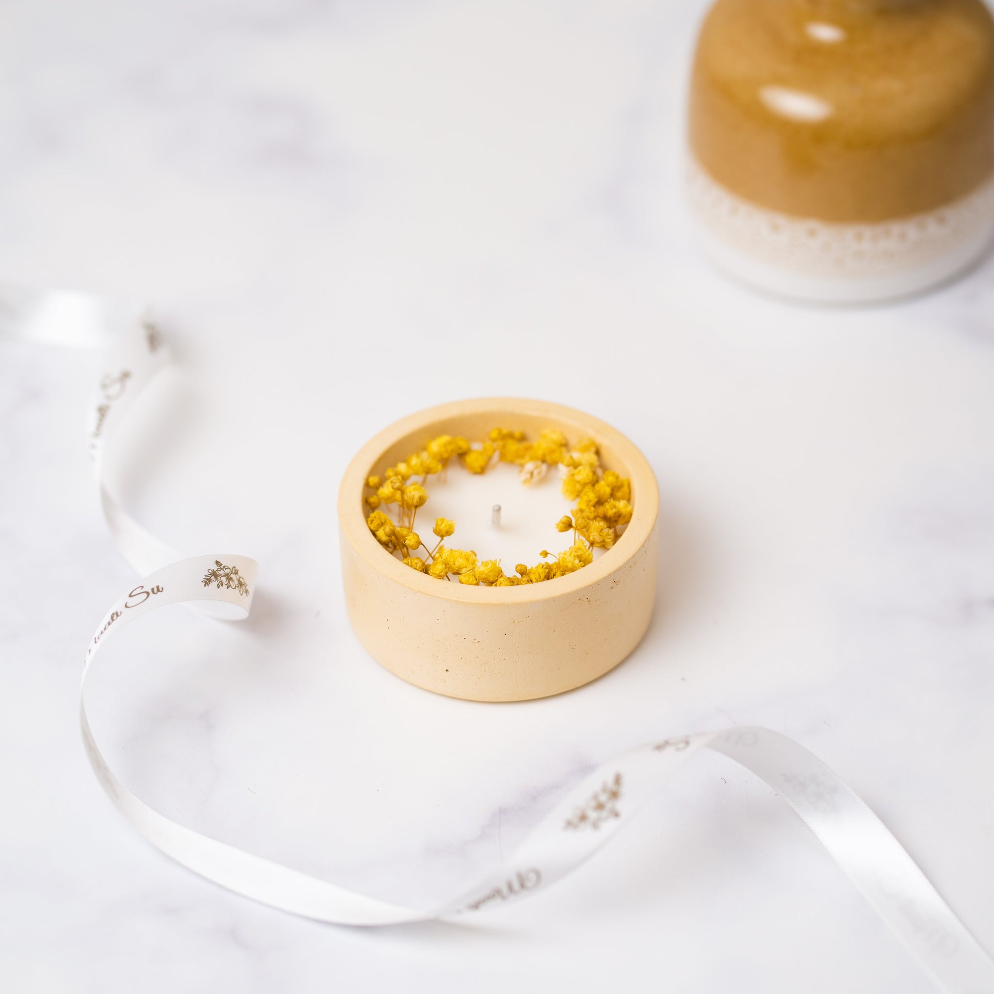 Yellow Concrete Container | With Dry Flower | Scented Soy Wax Candle
