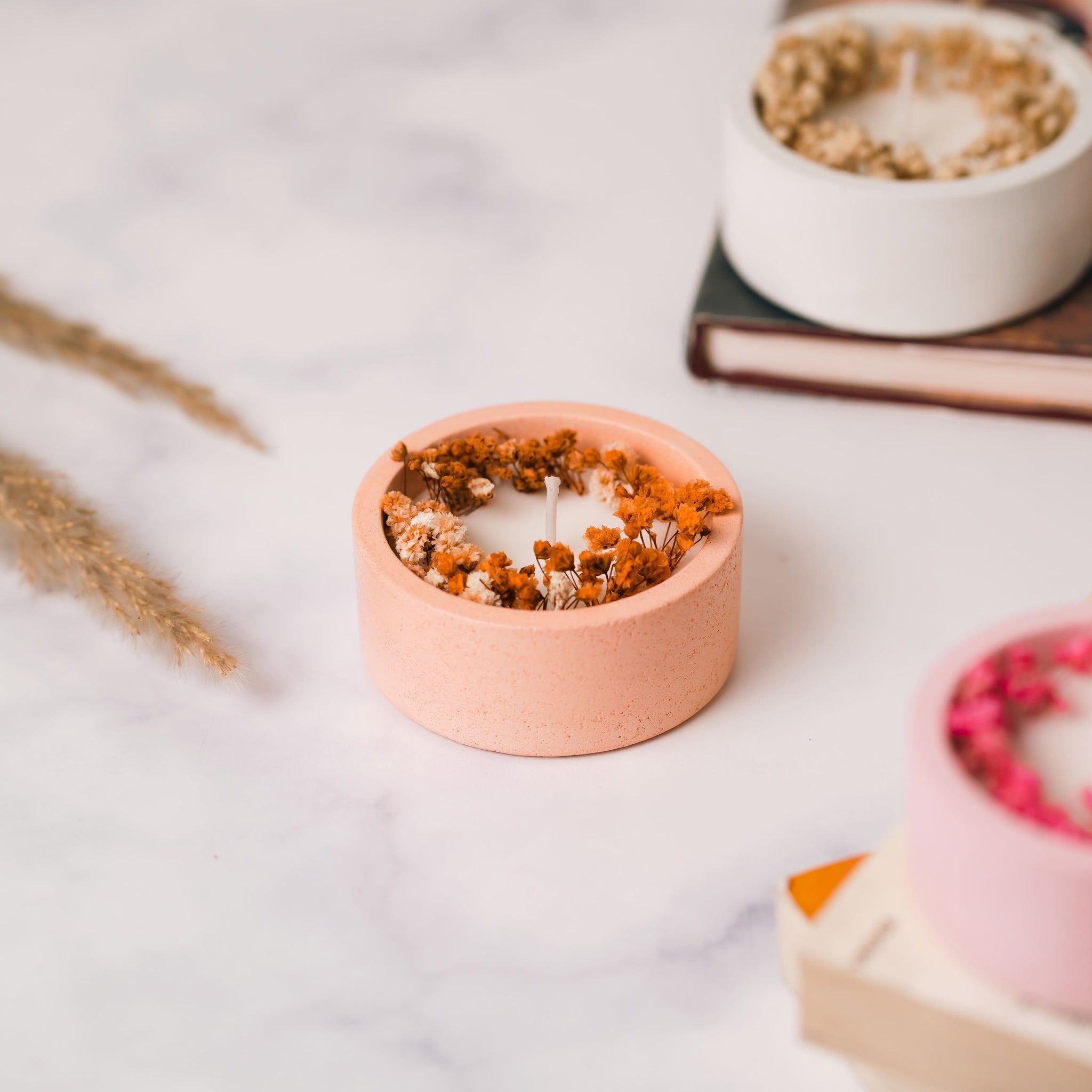 Peach Concrete Container | Dry Flower | Scented Soy Wax Candle